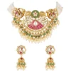 Gold Finish Choker Necklace Set With Traditional Kundan Style And Rani Pink Green And White Simulated Stones And Emerald Style Beads