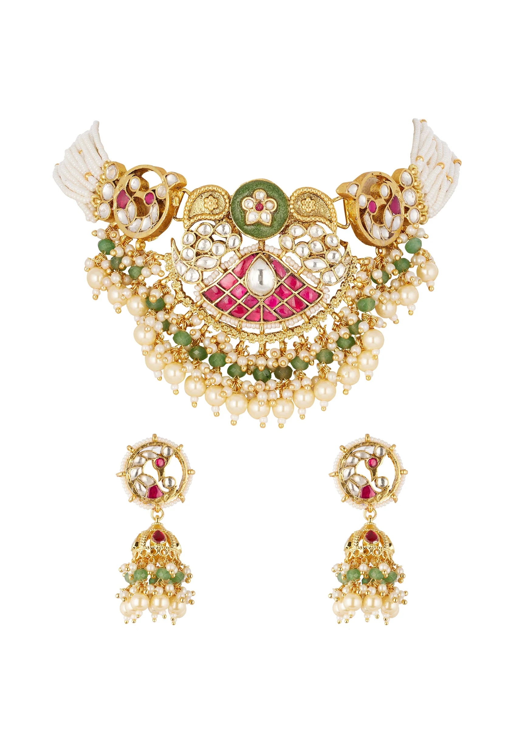 Gold Finish Choker Necklace Set With Traditional Kundan Style And Rani Pink Green And White Simulated Stones And Emerald Style Beads