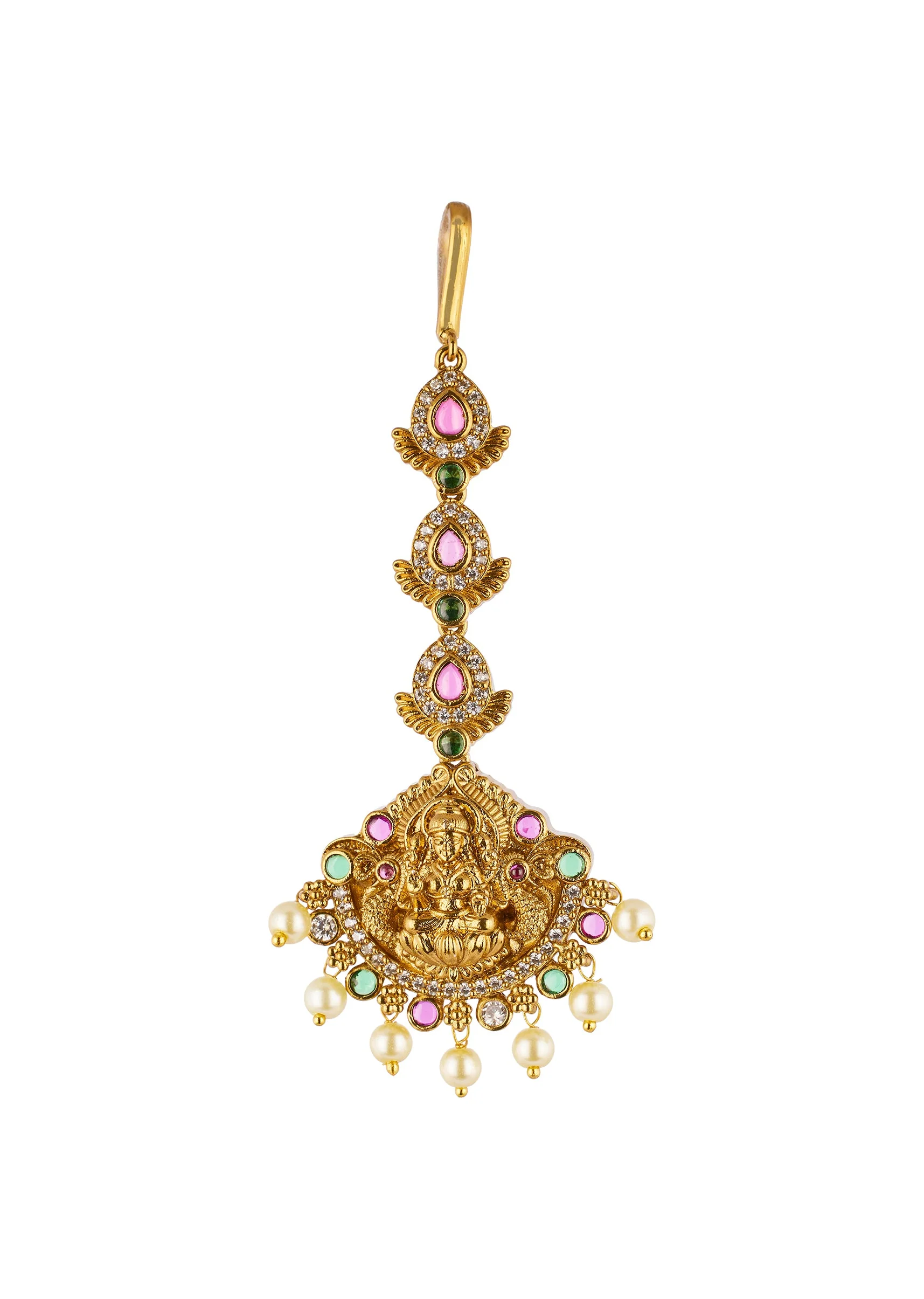 8487-gold-finish-maangtikka-with-temple-style-motifs-and-pink-green-and-off-white-simulated-stones-2.webp Gold Finish Maangtikka With Temple Style Motifs And Pink Green and Off White Simulated Stones
