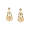 Gold Finish Earrings With Traditional Temple Style And Green And Red Simulated Stones And Faux Pearls Accents
