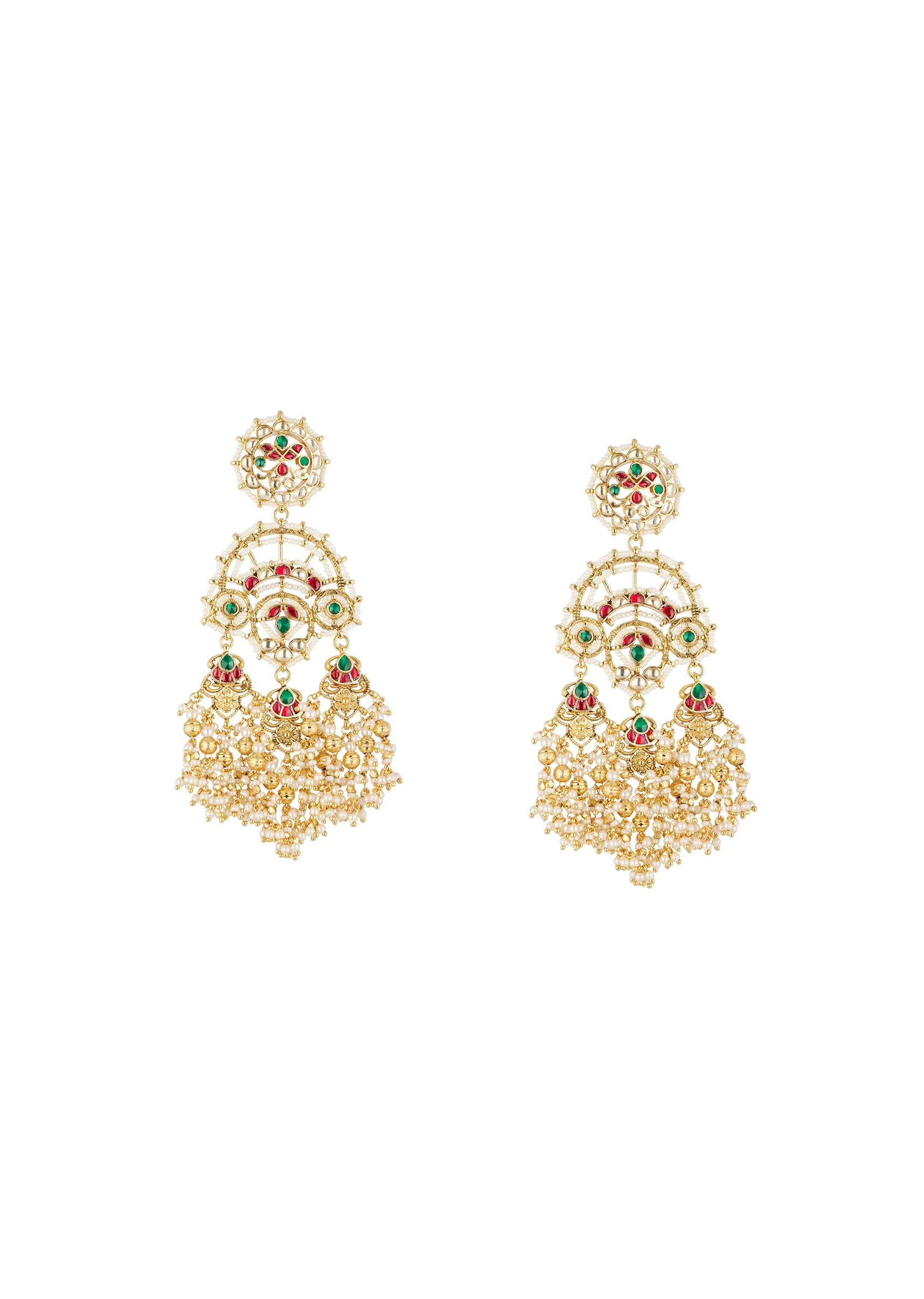 Gold Finish Earrings With Traditional Temple Style And Green And Red Simulated Stones And Faux Pearls Accents