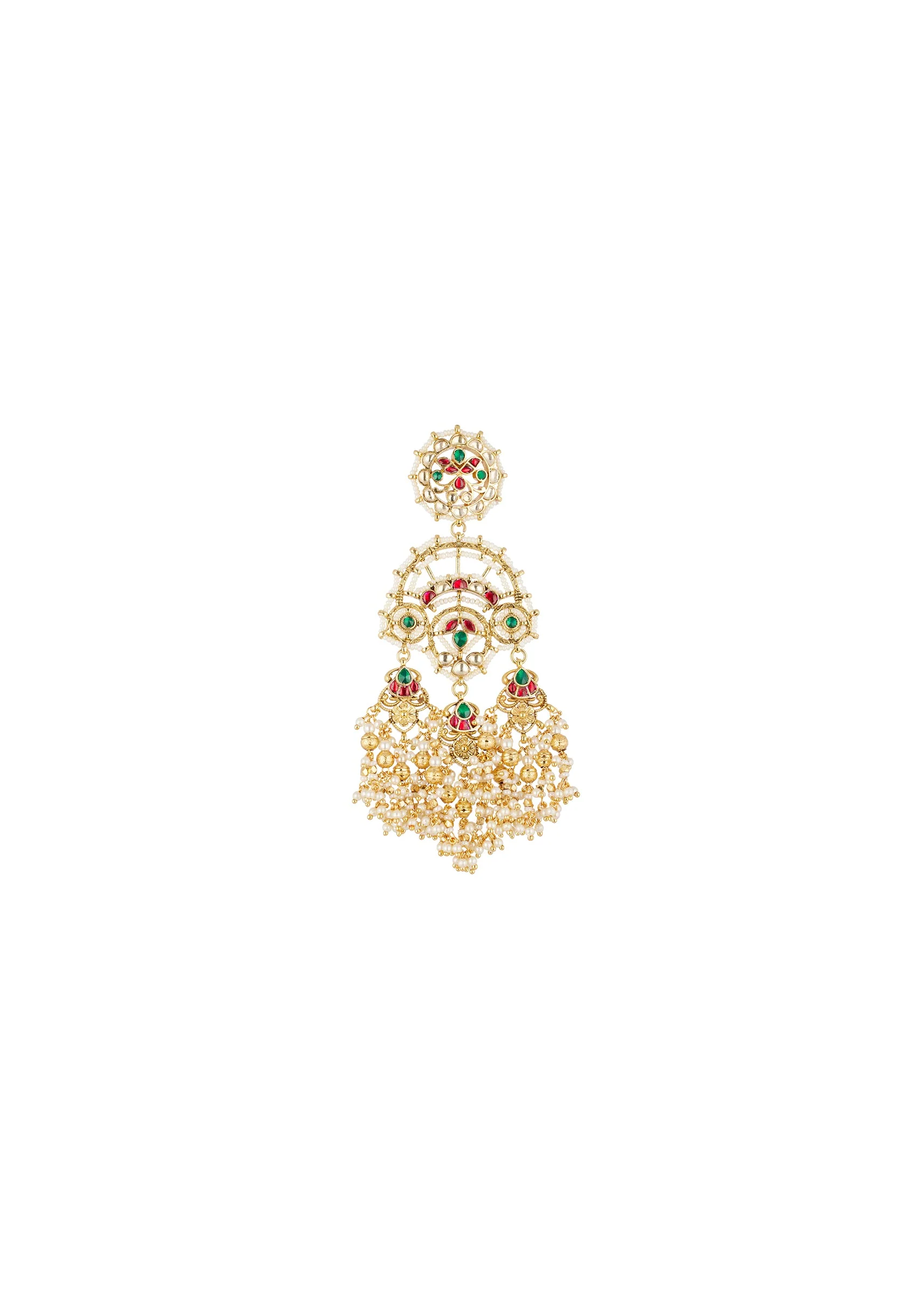 Gold Finish Earrings With Traditional Temple Style And Green And Red Simulated Stones And Faux Pearls Accents