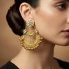 Gold Finish Ornate Chandbali Earrings With Peacock Filigree Detail And Golden Ghungroo Droplets