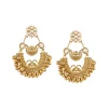 Gold Finish Ornate Chandbali Earrings With Peacock Filigree Detail And Golden Ghungroo Droplets