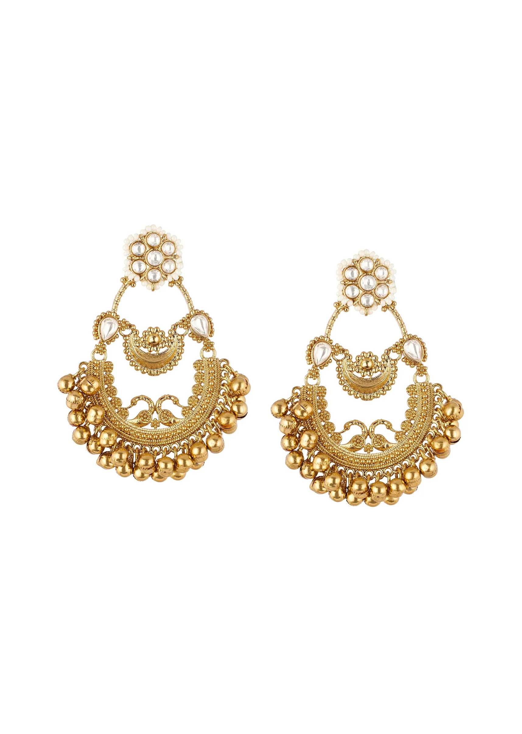 Gold Finish Ornate Chandbali Earrings With Peacock Filigree Detail And Golden Ghungroo Droplets