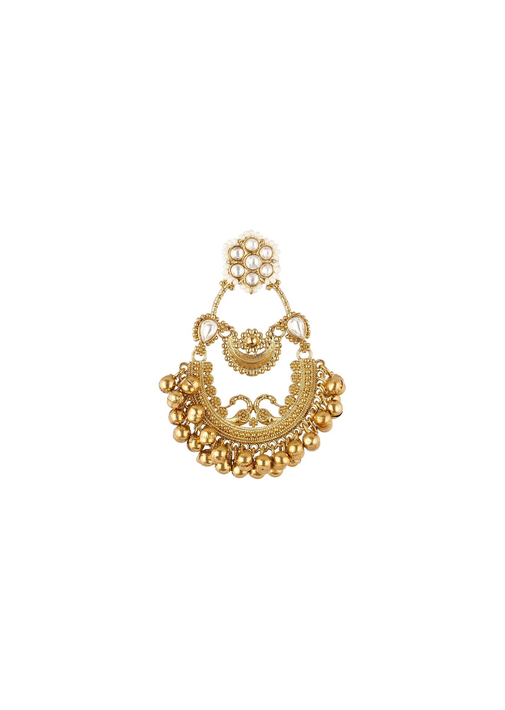 Gold Finish Ornate Chandbali Earrings With Peacock Filigree Detail And Golden Ghungroo Droplets
