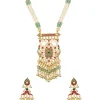 Gold Finish Rani Haar Necklace Set In Mix Metal With Traditional Temple Style And Green And Red Simulated Stones And Faux Pearls