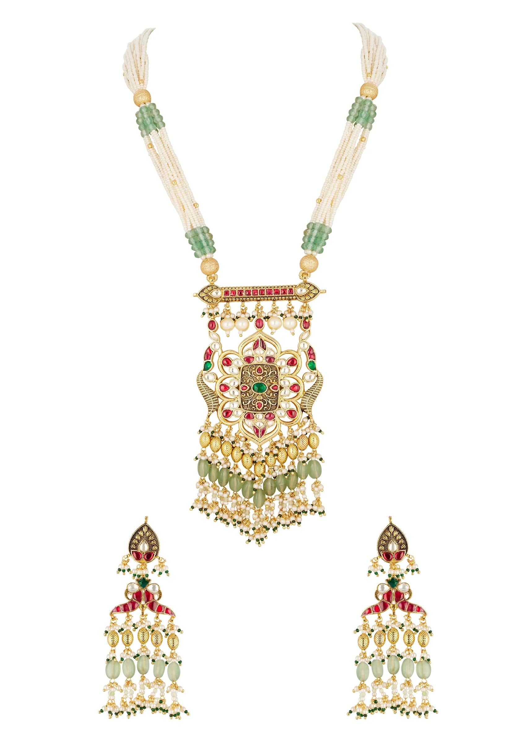 Gold Finish Rani Haar Necklace Set In Mix Metal With Traditional Temple Style And Green And Red Simulated Stones And Faux Pearls