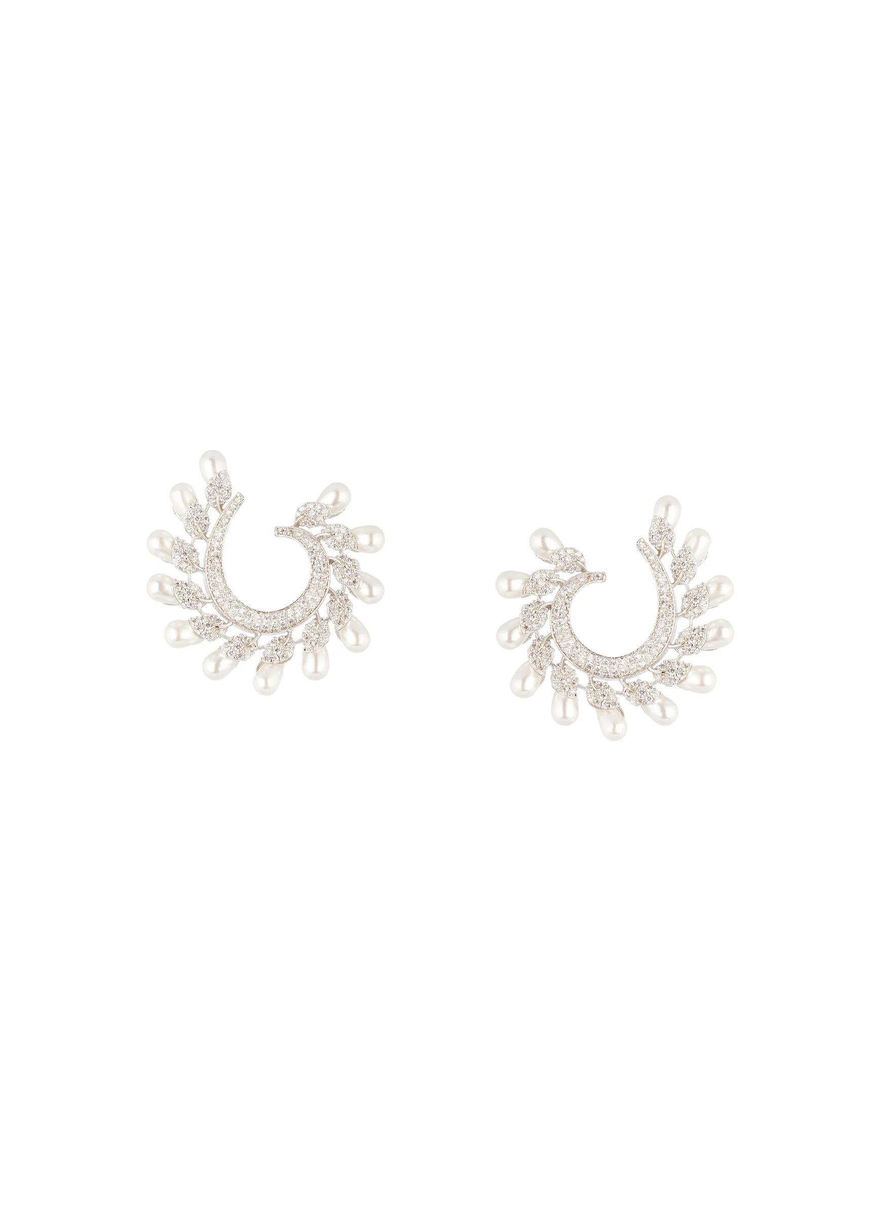 8492-silver-finish-pave-set-c-hoop-earrings-with-white-simulated-pearls-and-clear-crystal-accents-1.webp Silver Finish Pavè Set C Hoop Earrings With White Simulated Pearls and Clear Crystal Accents