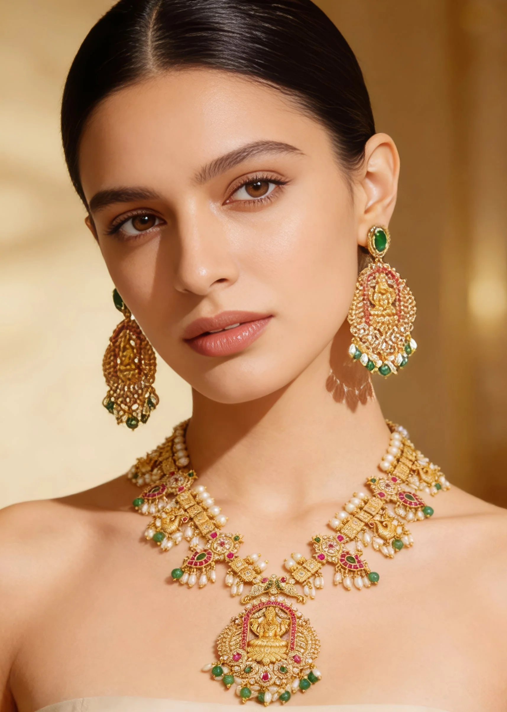 8493-gold-finish-temple-style-necklace-set-with-green-and-pink-simulated-stones-and-zirconia-accents-1.webp Gold Finish Temple Style Necklace Set With Green and Pink Simulated Stones And Zirconia Accents