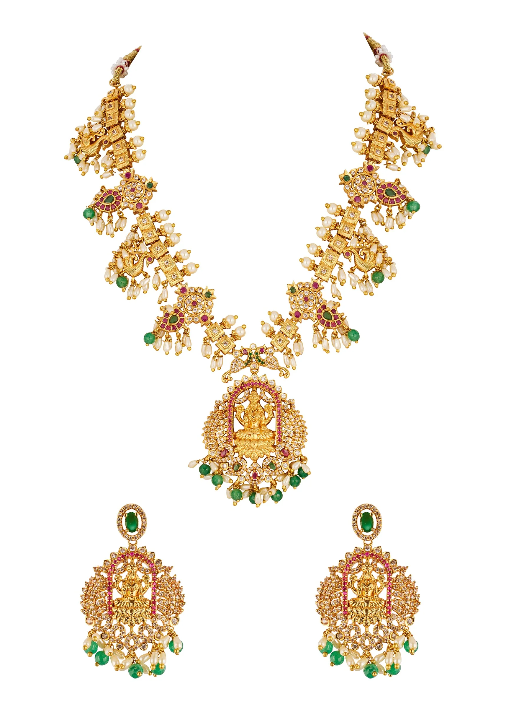 8493-gold-finish-temple-style-necklace-set-with-green-and-pink-simulated-stones-and-zirconia-accents-2.webp Gold Finish Temple Style Necklace Set With Green and Pink Simulated Stones And Zirconia Accents