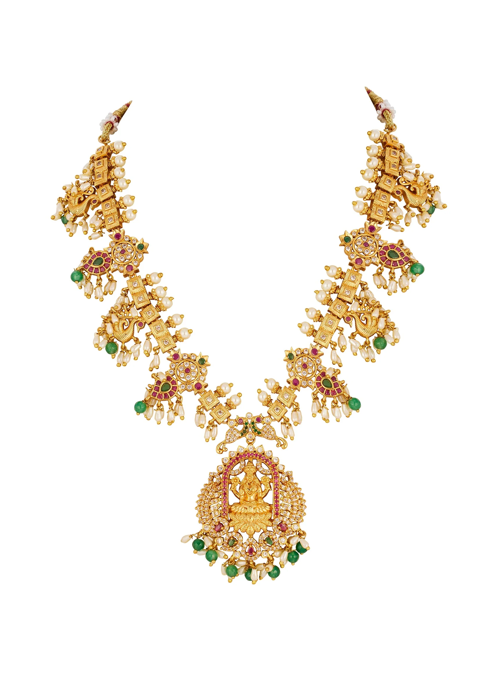 8493-gold-finish-temple-style-necklace-set-with-green-and-pink-simulated-stones-and-zirconia-accents-3.webp Gold Finish Temple Style Necklace Set With Green and Pink Simulated Stones And Zirconia Accents