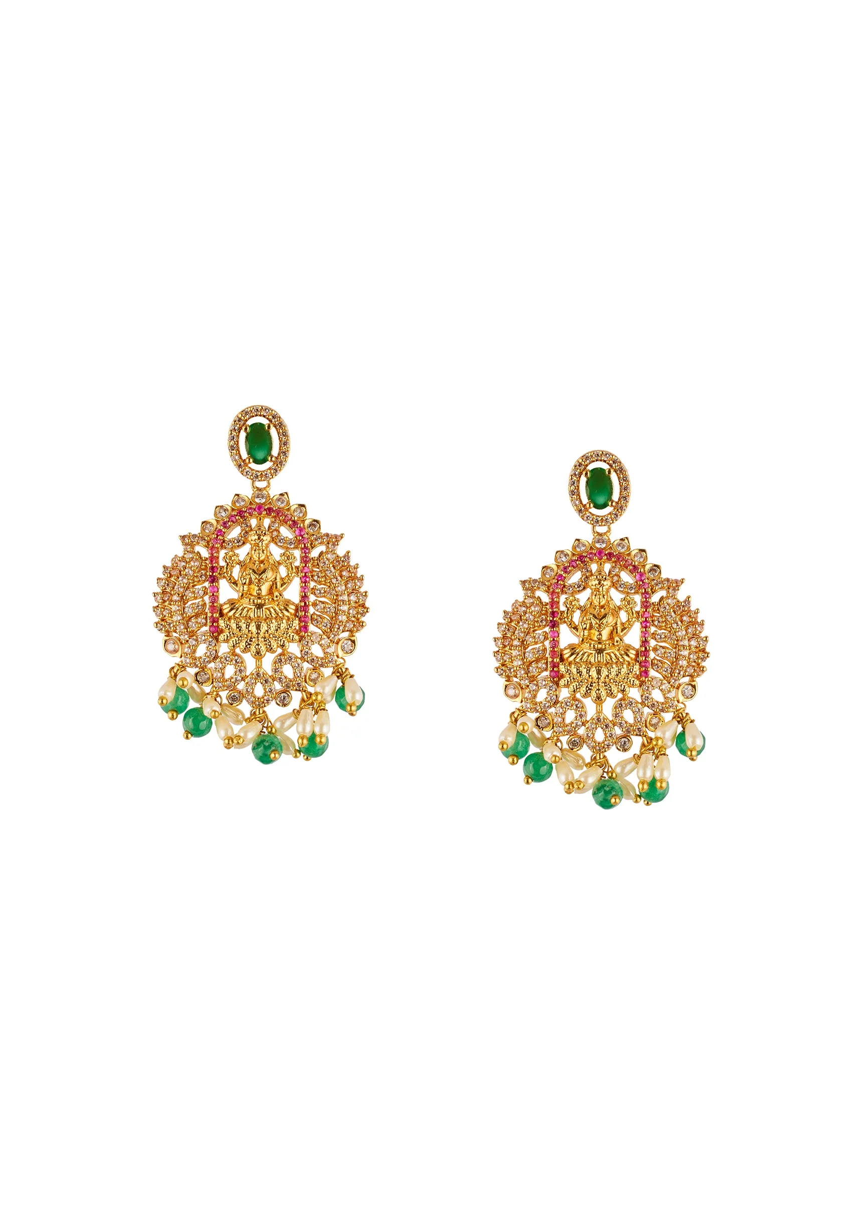 8493-gold-finish-temple-style-necklace-set-with-green-and-pink-simulated-stones-and-zirconia-accents-4.webp Gold Finish Temple Style Necklace Set With Green and Pink Simulated Stones And Zirconia Accents