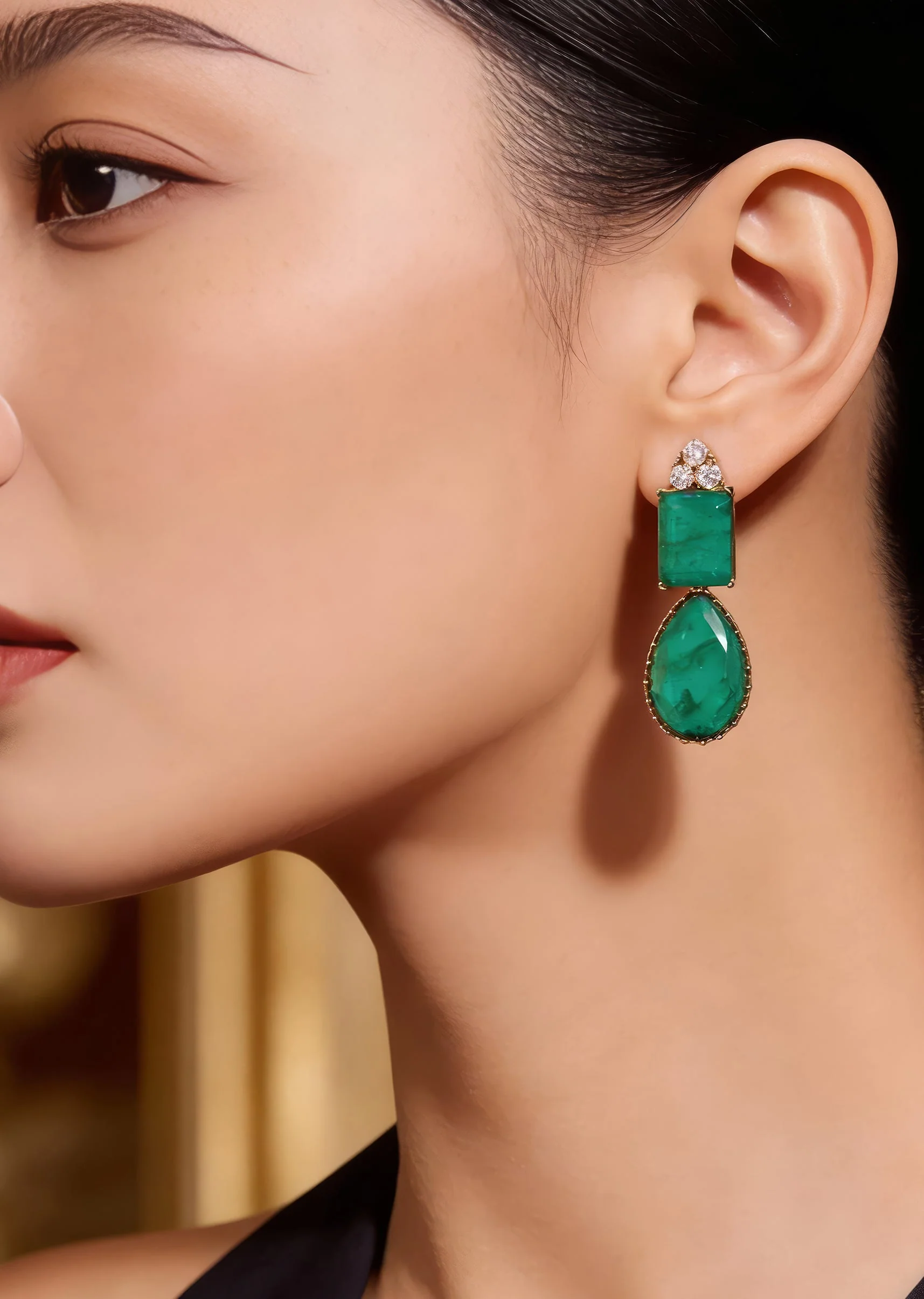8494-silver-finish-drop-earrings-with-emerald-cut-and-teardrop-accents-and-green-simulated-stones-1.webp Silver Finish Drop Earrings With Emerald Cut and Teardrop Accents And Green Simulated Stones