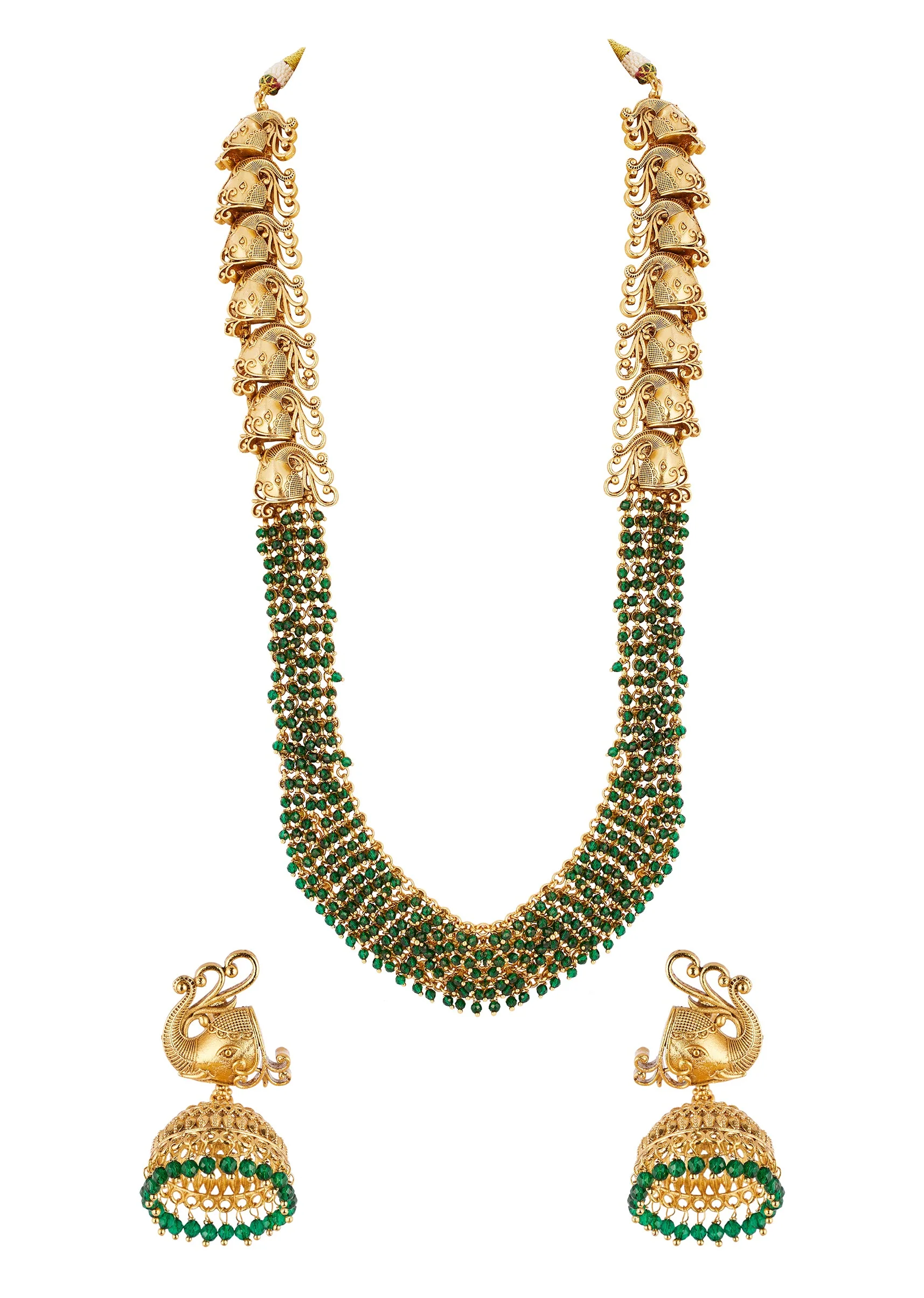 8495-gold-finish-necklace-set-with-traditional-temple-motifs-and-green-simulated-stones-1.webp Gold Finish Necklace Set With Traditional Temple Motifs And Green Simulated Stones