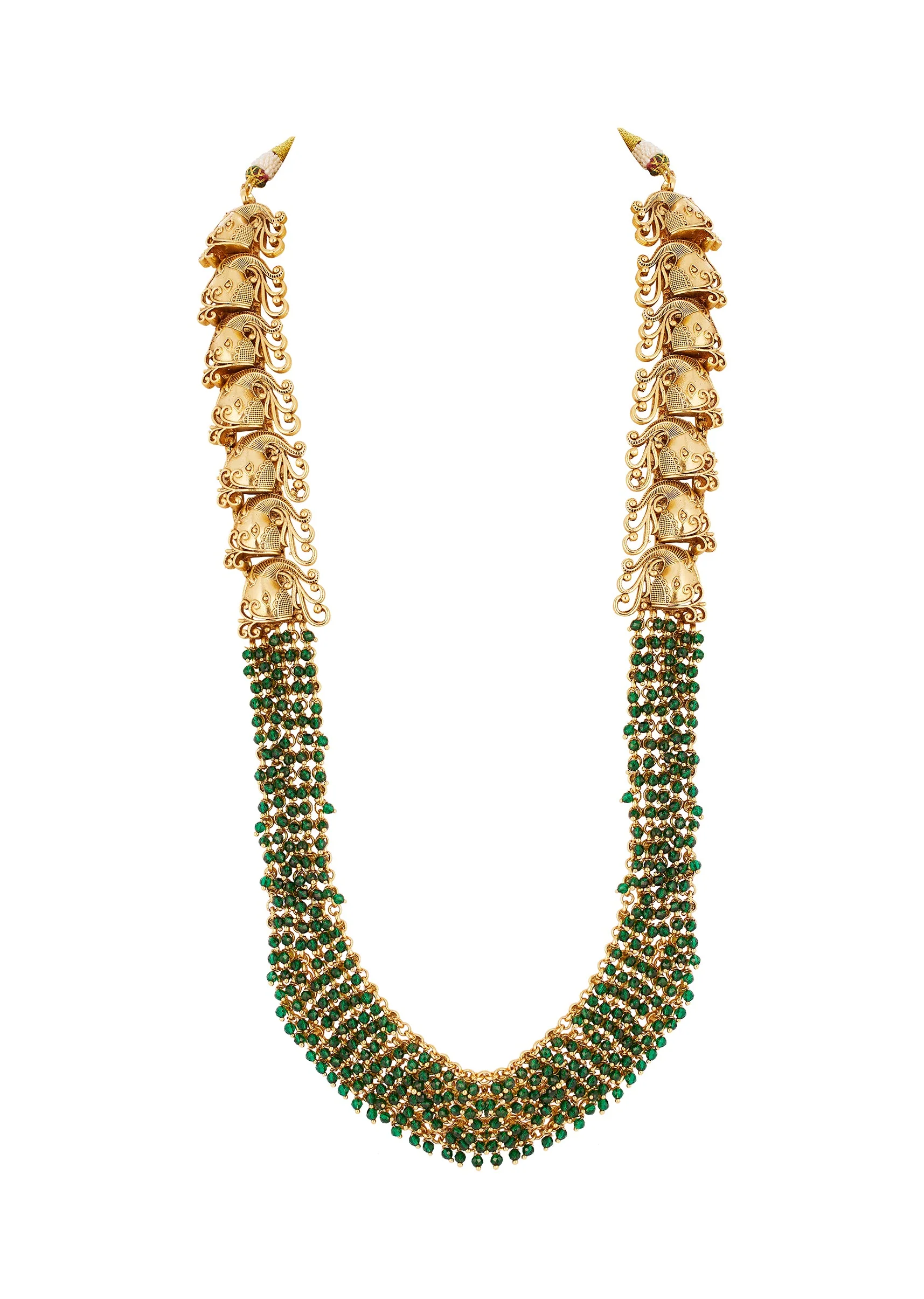 8495-gold-finish-necklace-set-with-traditional-temple-motifs-and-green-simulated-stones-2.webp Gold Finish Necklace Set With Traditional Temple Motifs And Green Simulated Stones