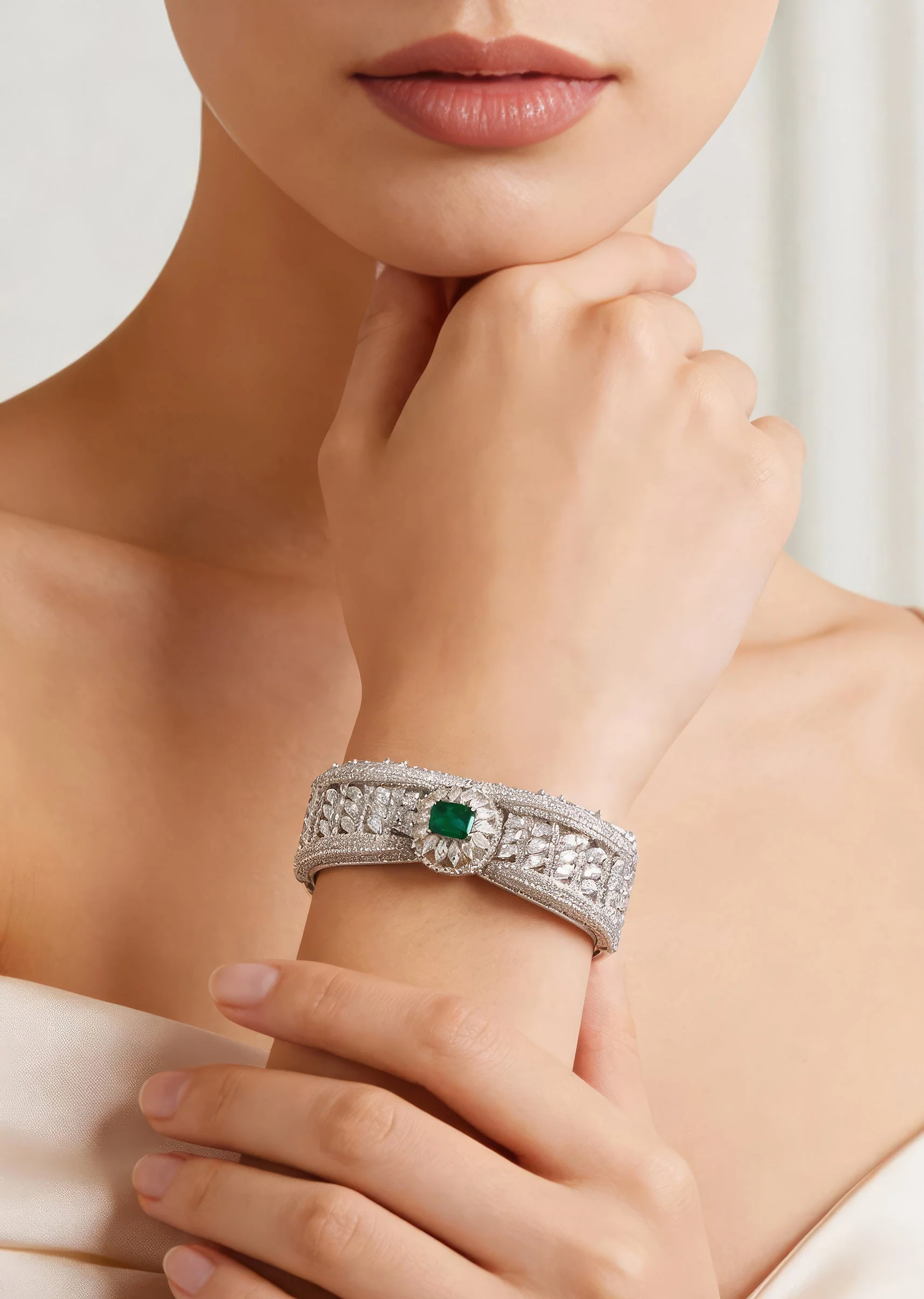 8496-silver-finish-bracelet-in-mix-metal-with-modern-statement-style-and-green-simulated-emerald-and-cubic-zirconia-accents-1.webp Silver Finish Bracelet In Mix Metal With Modern Statement Style And Green Simulated Emerald And Cubic Zirconia Accents