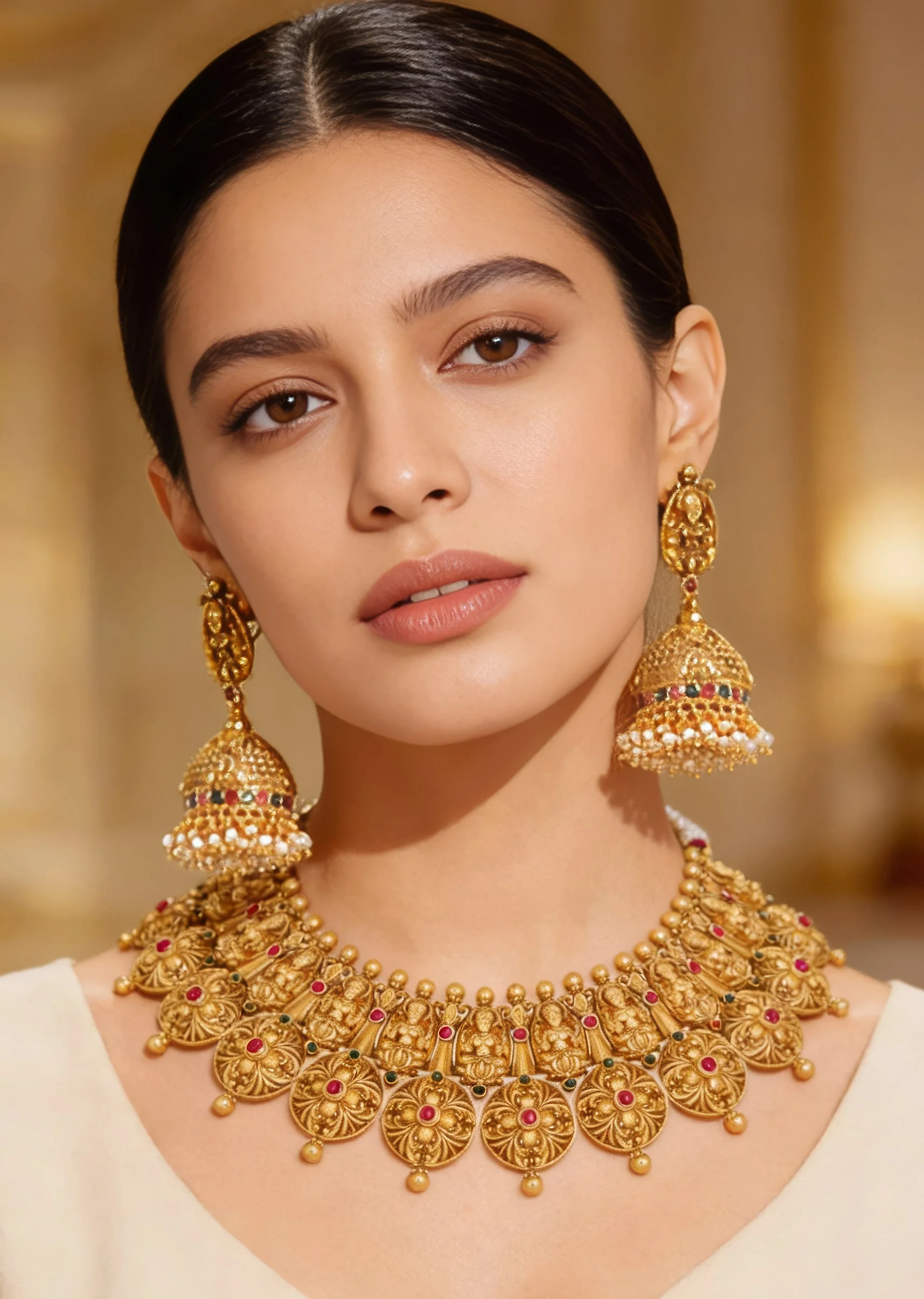 8497-gold-finish-necklace-set-with-traditional-temple-motifs-and-pink-green-and-white-simulated-stones-1.webp Gold Finish Necklace Set With Traditional Temple Motifs And Pink Green and White Simulated Stones