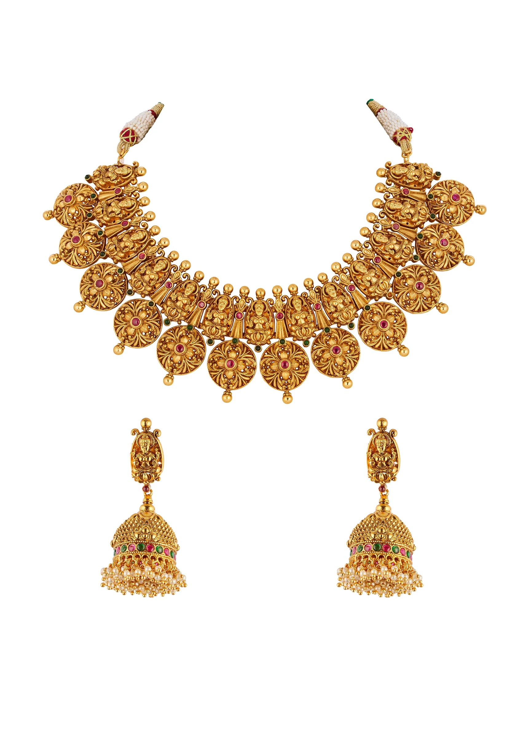 8497-gold-finish-necklace-set-with-traditional-temple-motifs-and-pink-green-and-white-simulated-stones-2.webp Gold Finish Necklace Set With Traditional Temple Motifs And Pink Green and White Simulated Stones