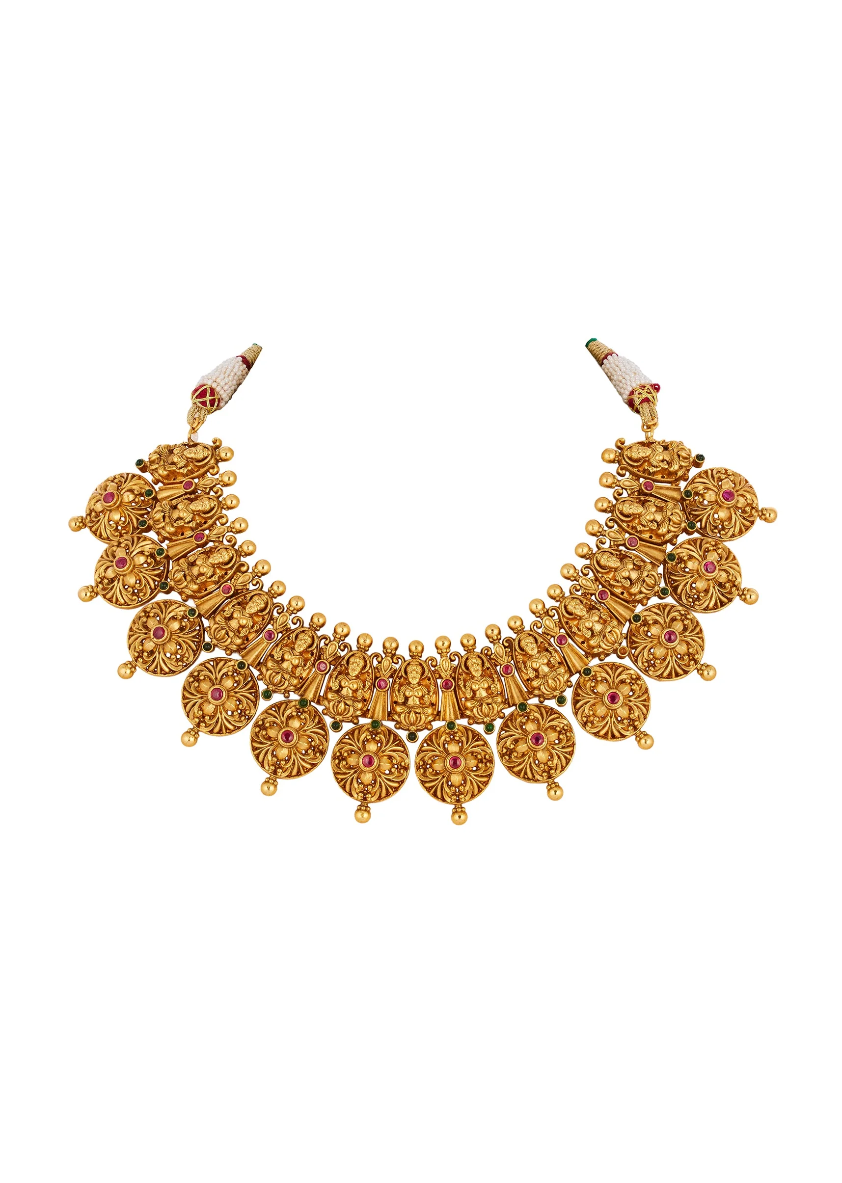 8497-gold-finish-necklace-set-with-traditional-temple-motifs-and-pink-green-and-white-simulated-stones-3.webp Gold Finish Necklace Set With Traditional Temple Motifs And Pink Green and White Simulated Stones