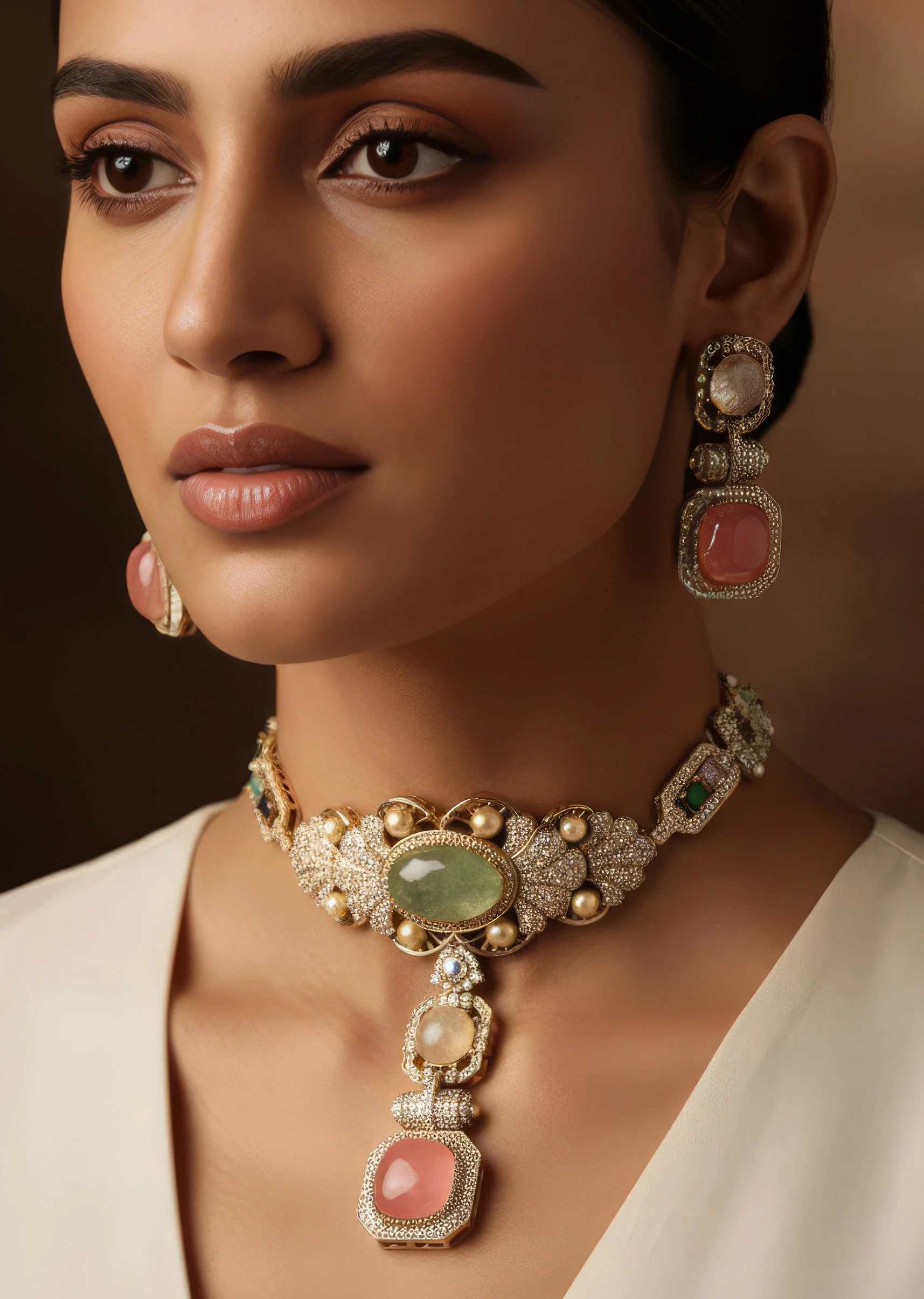 8499-gold-finish-choker-necklace-set-with-large-mint-green-cabochon-pendant-and-pearl-pink-stone-drop-1.webp Gold Finish Choker Necklace Set With Large Mint Green Cabochon Pendant And Pearl Pink Stone Drop