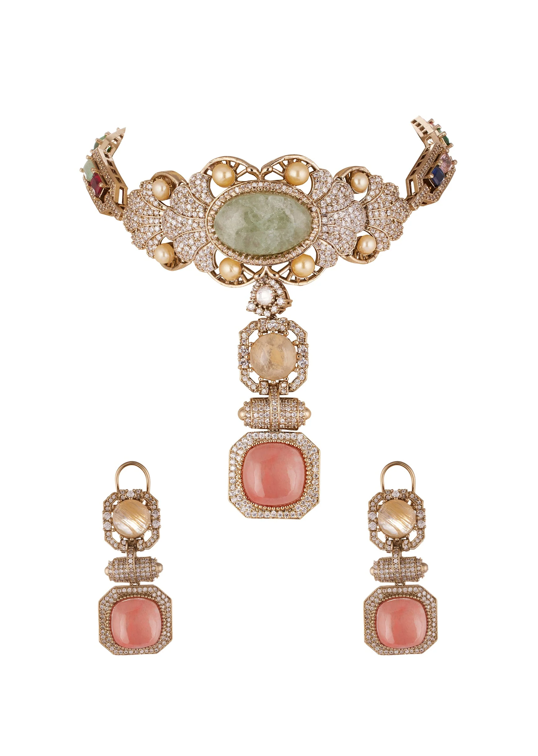 8499-gold-finish-choker-necklace-set-with-large-mint-green-cabochon-pendant-and-pearl-pink-stone-drop-2.webp Gold Finish Choker Necklace Set With Large Mint Green Cabochon Pendant And Pearl Pink Stone Drop