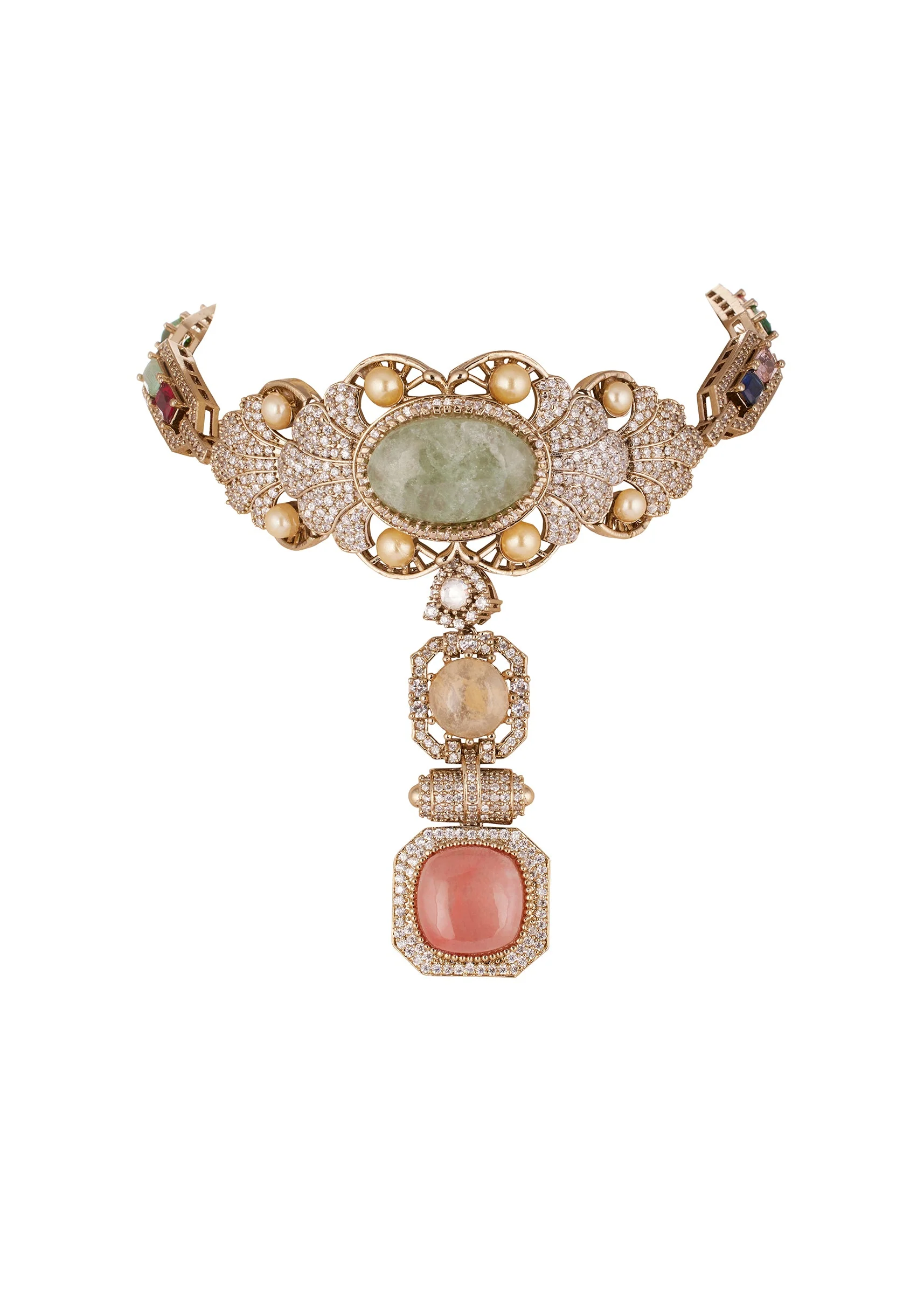 8499-gold-finish-choker-necklace-set-with-large-mint-green-cabochon-pendant-and-pearl-pink-stone-drop-3.webp Gold Finish Choker Necklace Set With Large Mint Green Cabochon Pendant And Pearl Pink Stone Drop