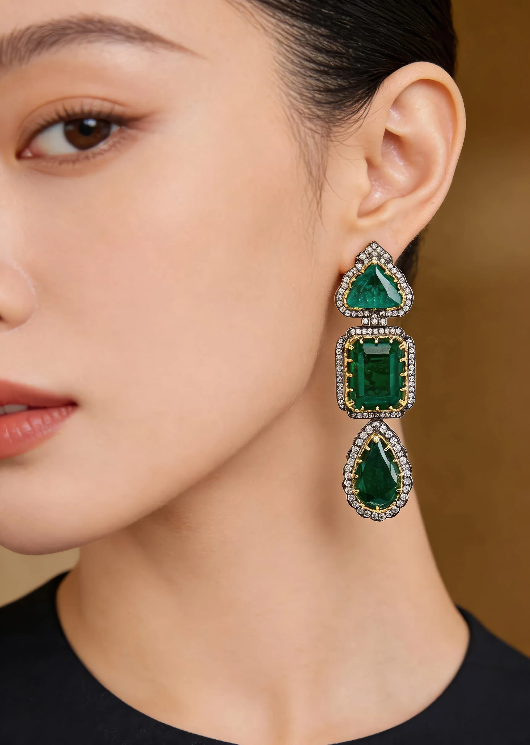 Silver Plated Green Stone Danglers With Crystals Around