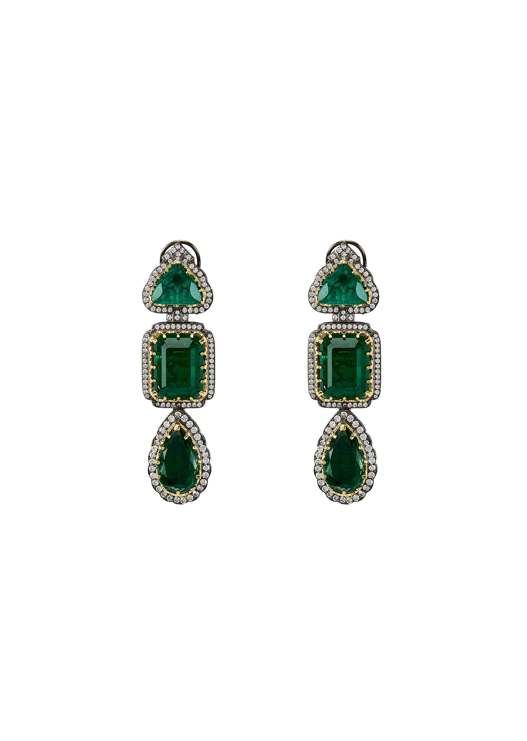 Silver Plated Green Stone Danglers With Crystals Around