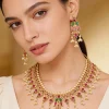 8500-gold-toned-necklace-set-with-intricate-traditional-temple-motifs-and-pink-green-and-white-simulated-stones-1.webp Gold Toned Necklace Set With Intricate Traditional Temple Motifs And Pink Green and White Simulated Stones