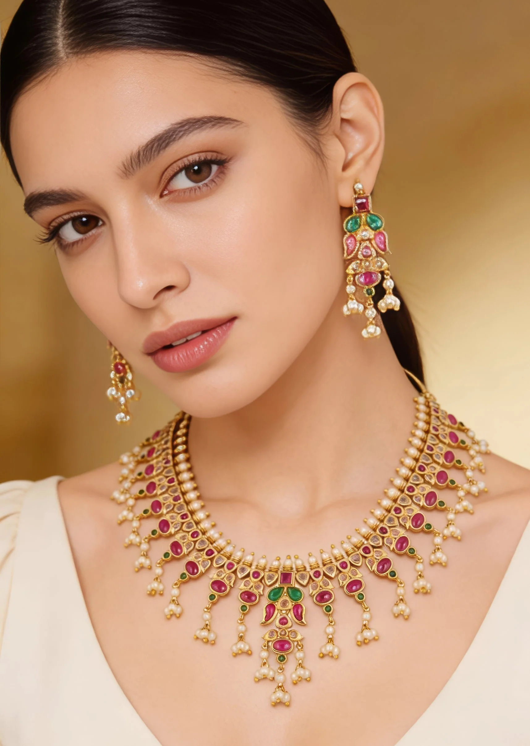 8500-gold-toned-necklace-set-with-intricate-traditional-temple-motifs-and-pink-green-and-white-simulated-stones-1.webp Gold Toned Necklace Set With Intricate Traditional Temple Motifs And Pink Green and White Simulated Stones