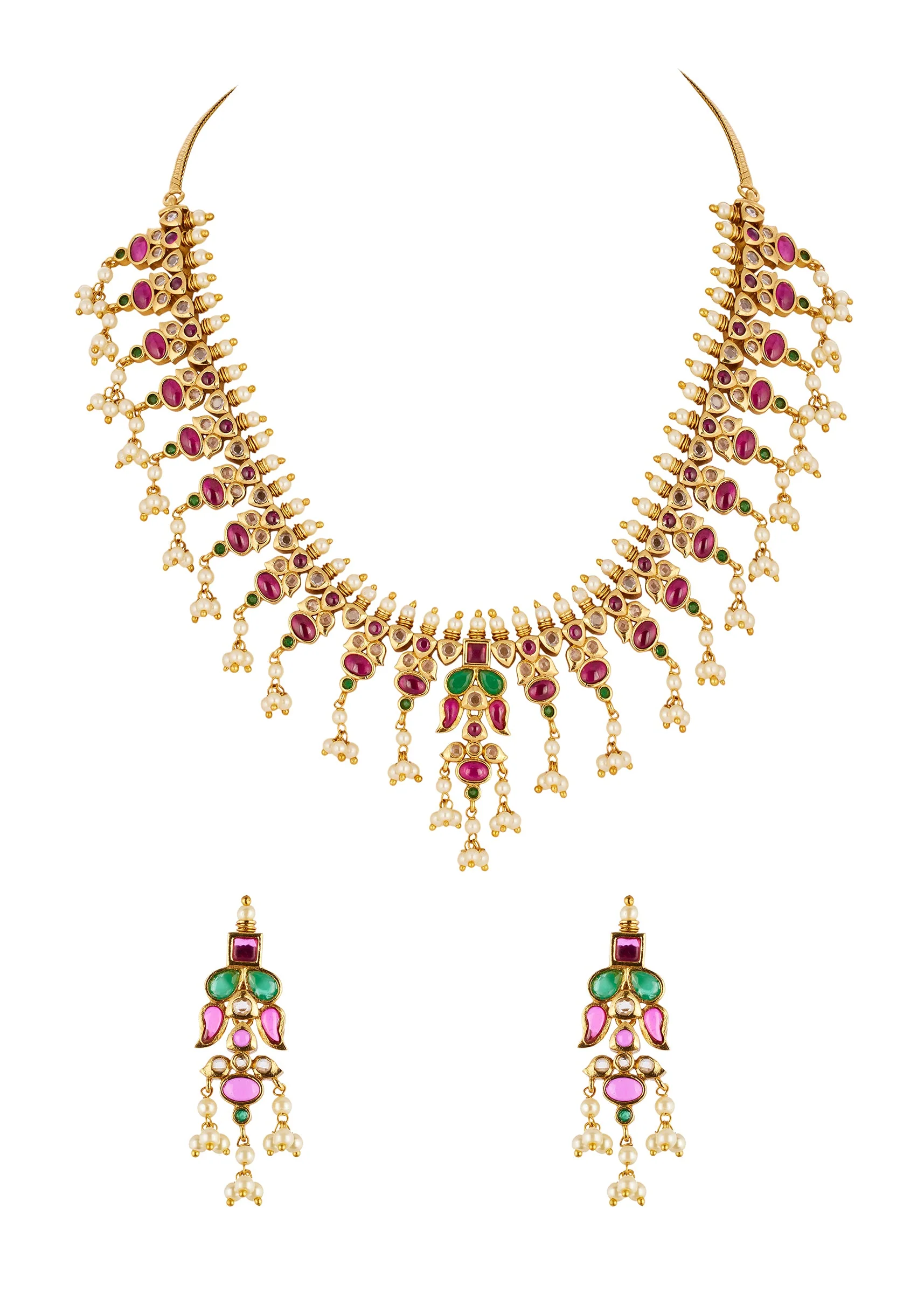 8500-gold-toned-necklace-set-with-intricate-traditional-temple-motifs-and-pink-green-and-white-simulated-stones-2.webp Gold Toned Necklace Set With Intricate Traditional Temple Motifs And Pink Green and White Simulated Stones