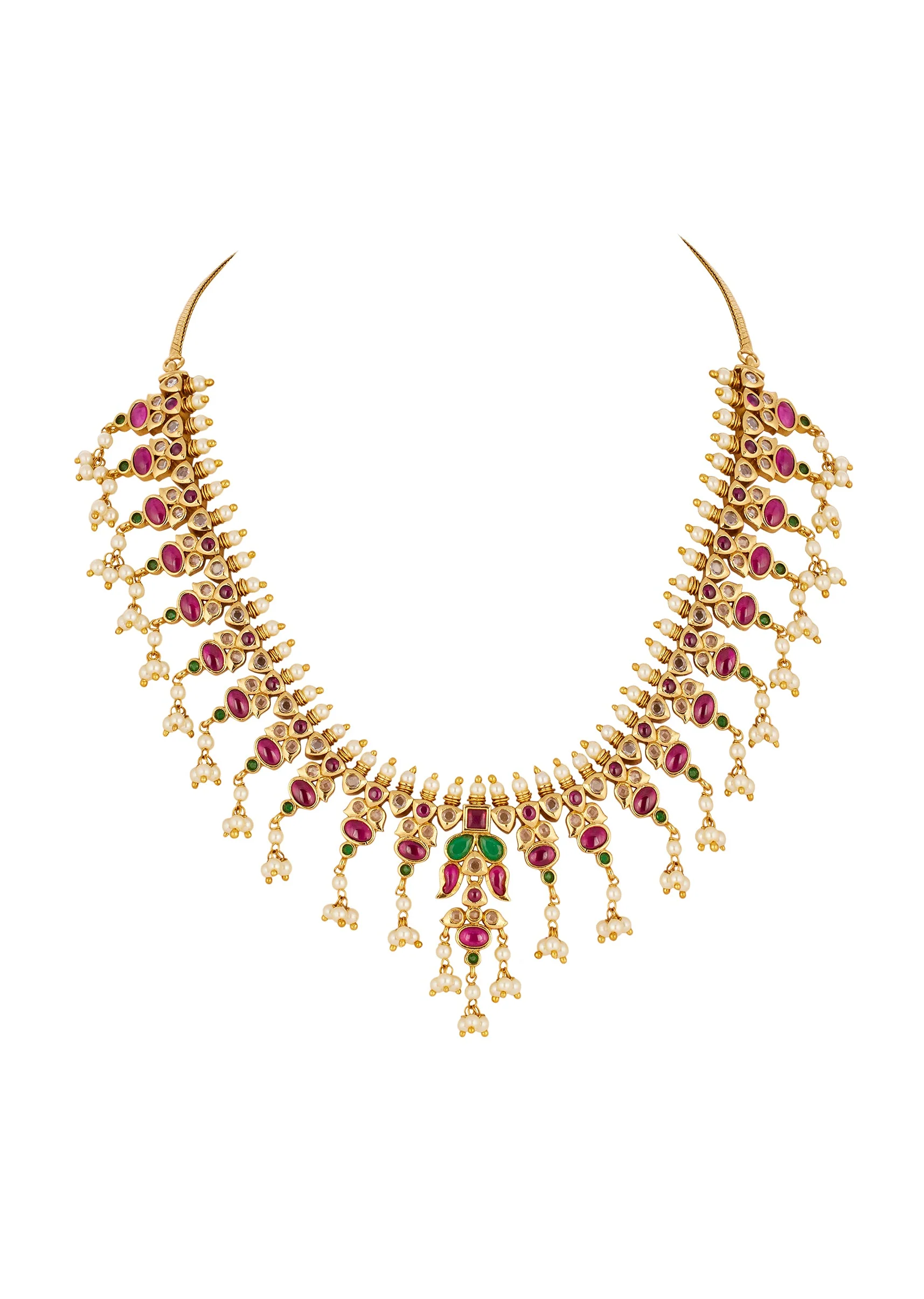 8500-gold-toned-necklace-set-with-intricate-traditional-temple-motifs-and-pink-green-and-white-simulated-stones-3.webp Gold Toned Necklace Set With Intricate Traditional Temple Motifs And Pink Green and White Simulated Stones