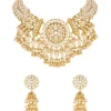 Gold Finish Choker Necklace Set In Mix Metal With Traditional Kundan Style And White Simulated Stones And Cluster Faux Pearl Fringe