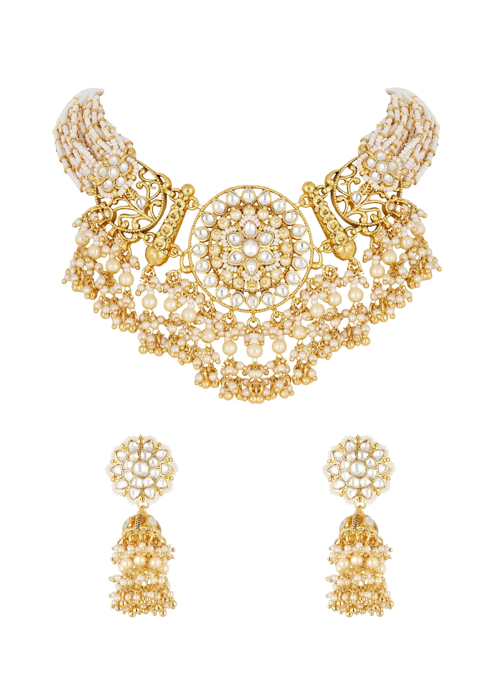 Gold Finish Choker Necklace Set In Mix Metal With Traditional Kundan Style And White Simulated Stones And Cluster Faux Pearl Fringe