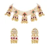 Gold Finish Choker Necklace Set In Mix Metal With Traditional Style And Red Simulated Stones And Multi Strand Faux Pearls