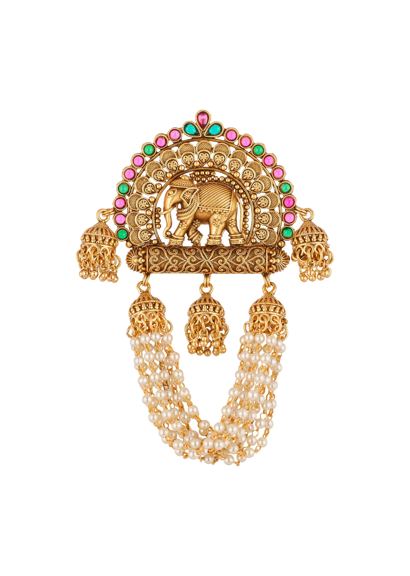 8504-gold-toned-hair-pin-with-temple-style-motifs-and-white-pink-and-green-simulated-stones-2.webp Gold Toned Hair Pin With Temple Style Motifs And White Pink and Green Simulated Stones