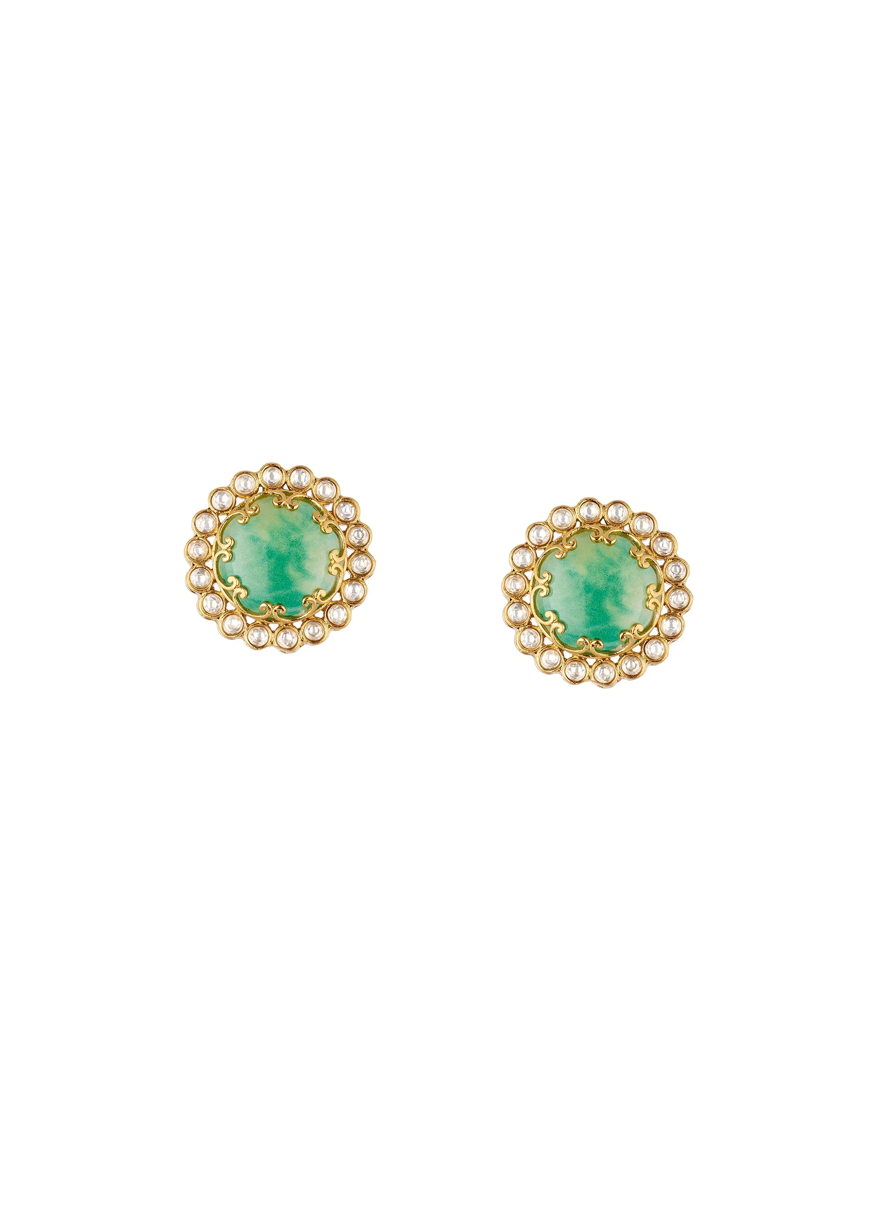 8506-gold-finish-circular-stud-earrings-with-large-green-center-stone-and-polki-style-halo-2.webp Gold Finish Circular Stud Earrings With Large Green Center Stone and Polki Style Halo