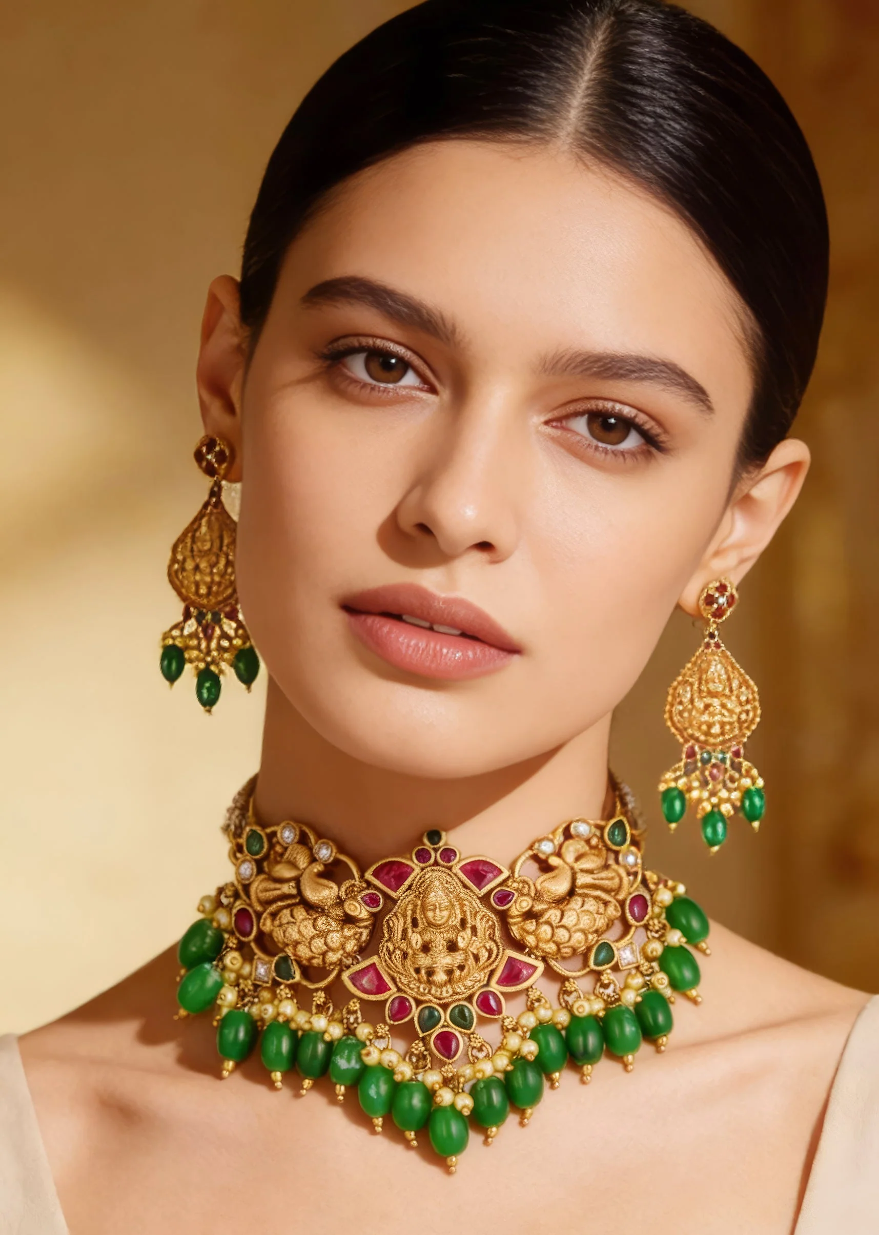 8507-gold-finish-necklace-set-with-intricate-traditional-temple-motifs-and-pink-and-green-simulated-stones-1.webp Gold Finish Necklace Set With Intricate Traditional Temple Motifs And Pink and Green Simulated Stones