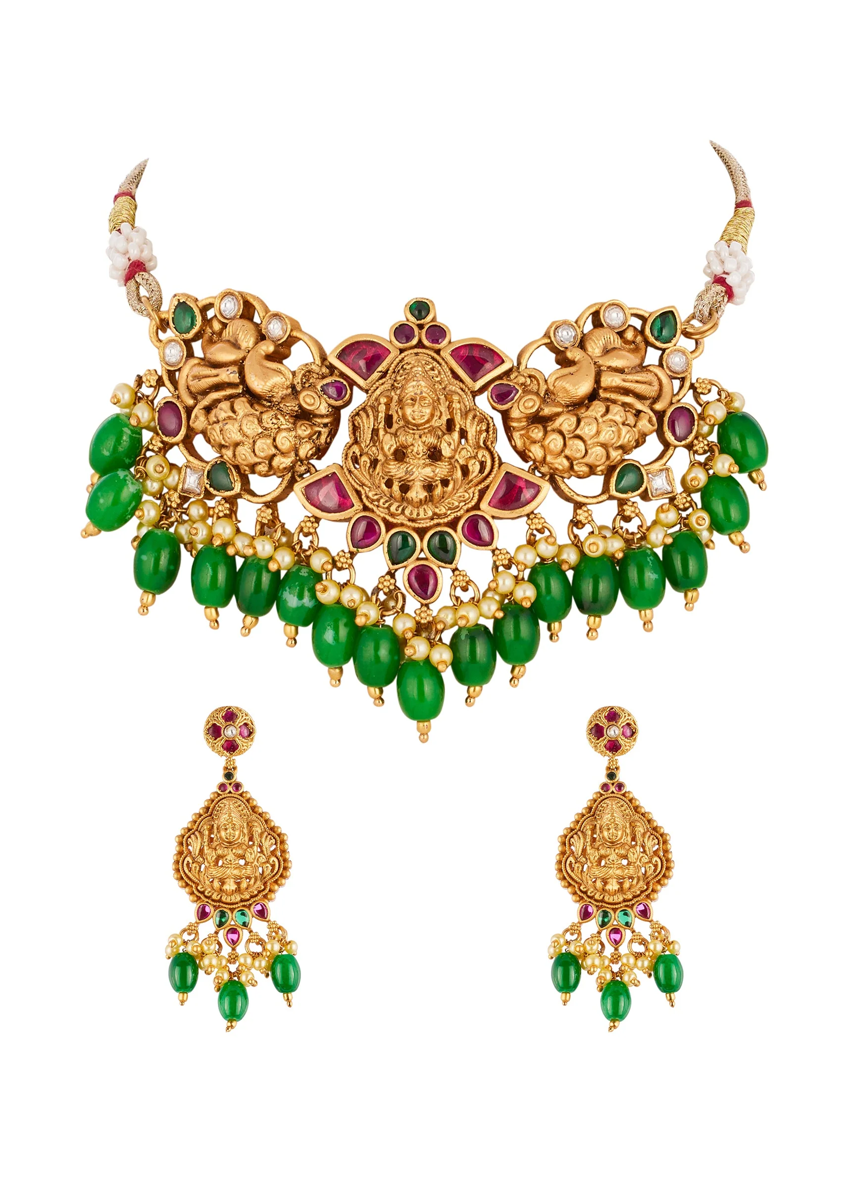 8507-gold-finish-necklace-set-with-intricate-traditional-temple-motifs-and-pink-and-green-simulated-stones-2.webp Gold Finish Necklace Set With Intricate Traditional Temple Motifs And Pink and Green Simulated Stones