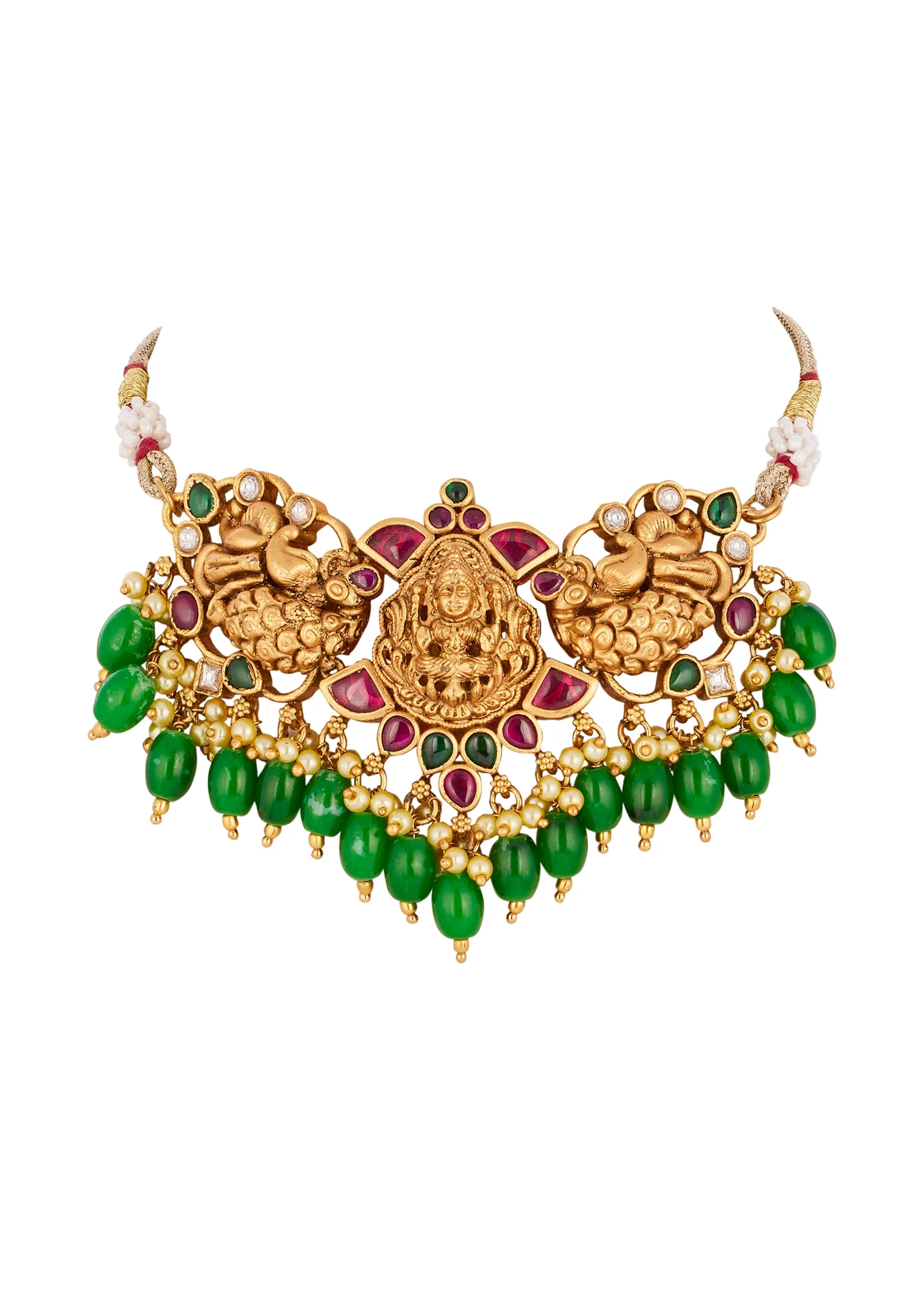 8507-gold-finish-necklace-set-with-intricate-traditional-temple-motifs-and-pink-and-green-simulated-stones-3.webp Gold Finish Necklace Set With Intricate Traditional Temple Motifs And Pink and Green Simulated Stones