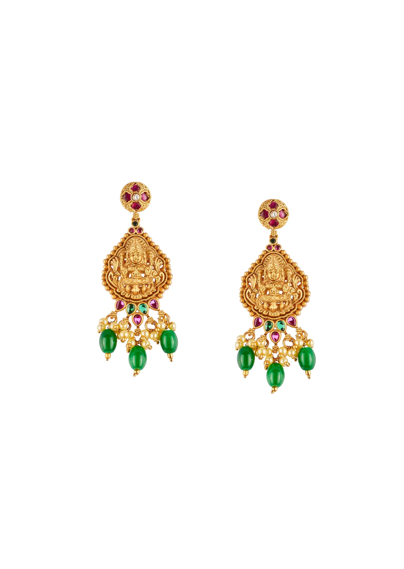 8507-gold-finish-necklace-set-with-intricate-traditional-temple-motifs-and-pink-and-green-simulated-stones-4.webp Gold Finish Necklace Set With Intricate Traditional Temple Motifs And Pink and Green Simulated Stones