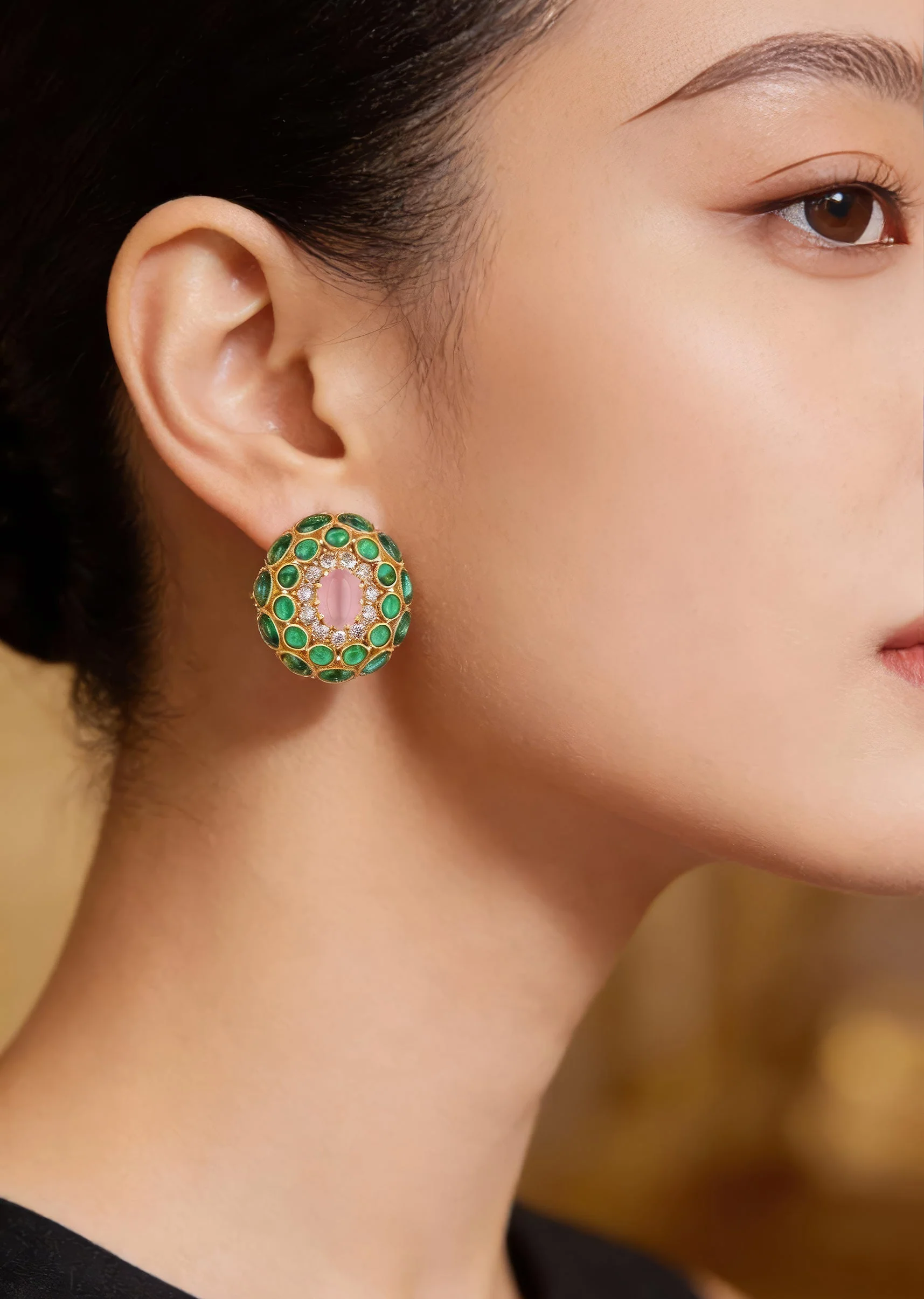 8508-gold-finish-ornate-cabochon-stud-earrings-with-pink-oval-center-and-green-and-clear-stone-halos-1.webp Gold Finish Ornate Cabochon Stud Earrings With Pink Oval Center and Green and Clear Stone Halos