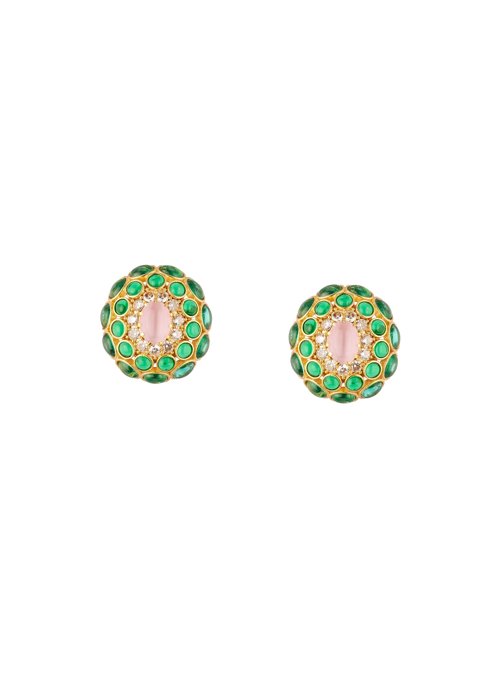 8508-gold-finish-ornate-cabochon-stud-earrings-with-pink-oval-center-and-green-and-clear-stone-halos-2.webp Gold Finish Ornate Cabochon Stud Earrings With Pink Oval Center and Green and Clear Stone Halos