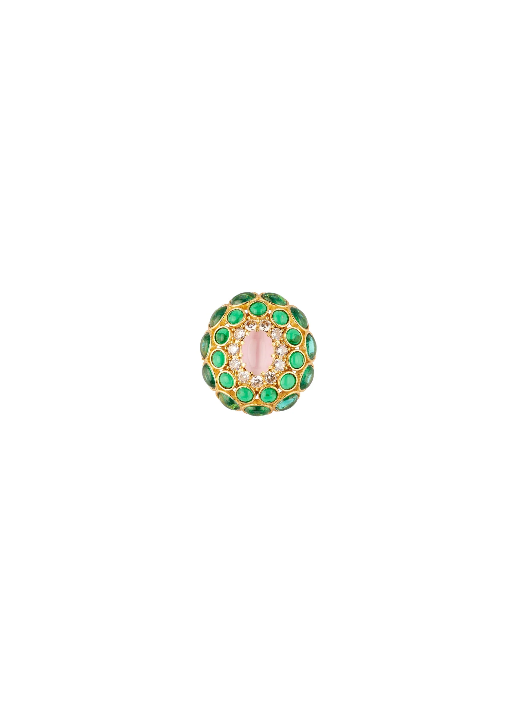 8508-gold-finish-ornate-cabochon-stud-earrings-with-pink-oval-center-and-green-and-clear-stone-halos-3.webp Gold Finish Ornate Cabochon Stud Earrings With Pink Oval Center and Green and Clear Stone Halos