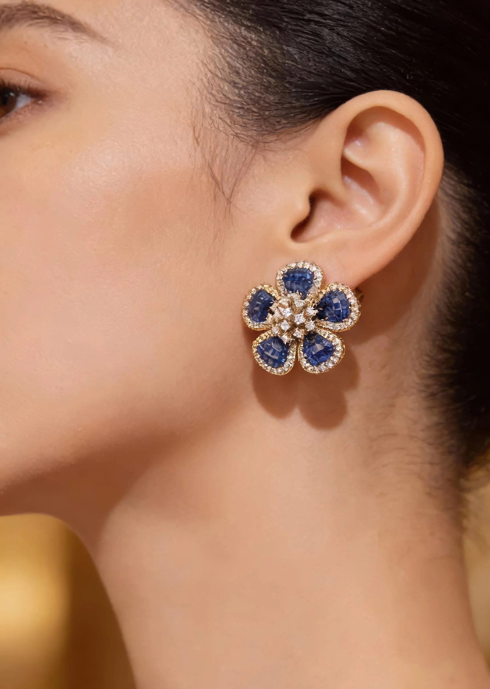 Silver Finish Floral Cluster Stud Earrings With Blue Simulated Stones and Clear Accents