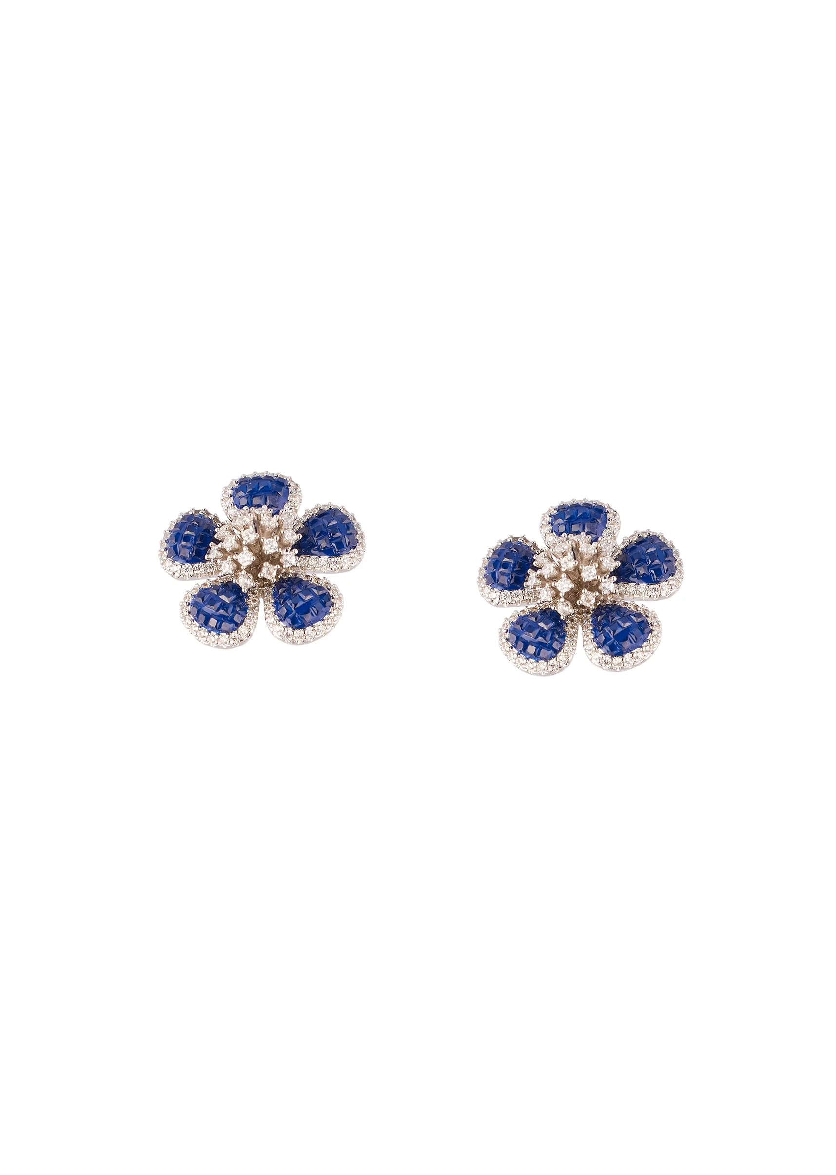 Silver Finish Floral Cluster Stud Earrings With Blue Simulated Stones and Clear Accents