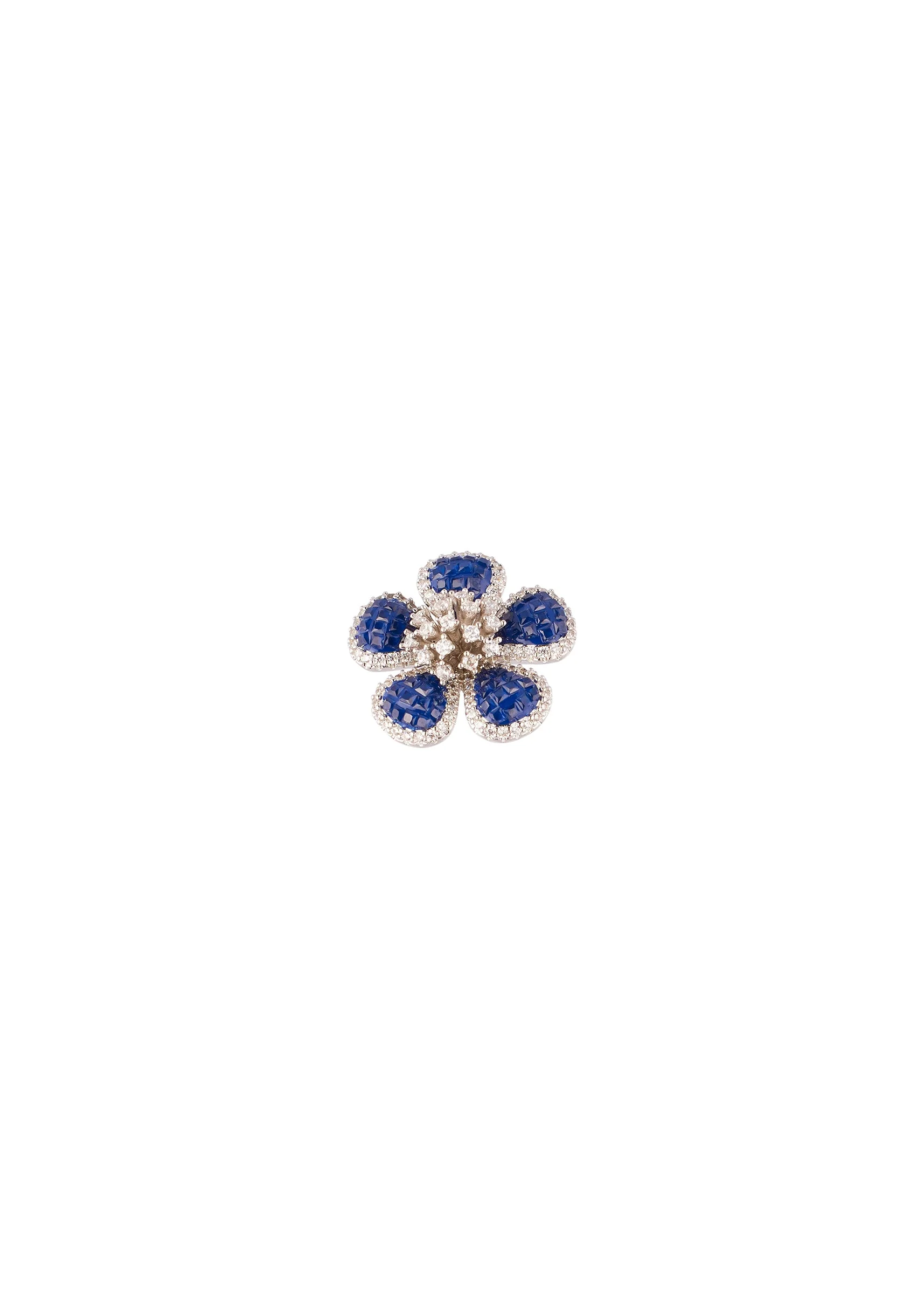 Silver Finish Floral Cluster Stud Earrings With Blue Simulated Stones and Clear Accents