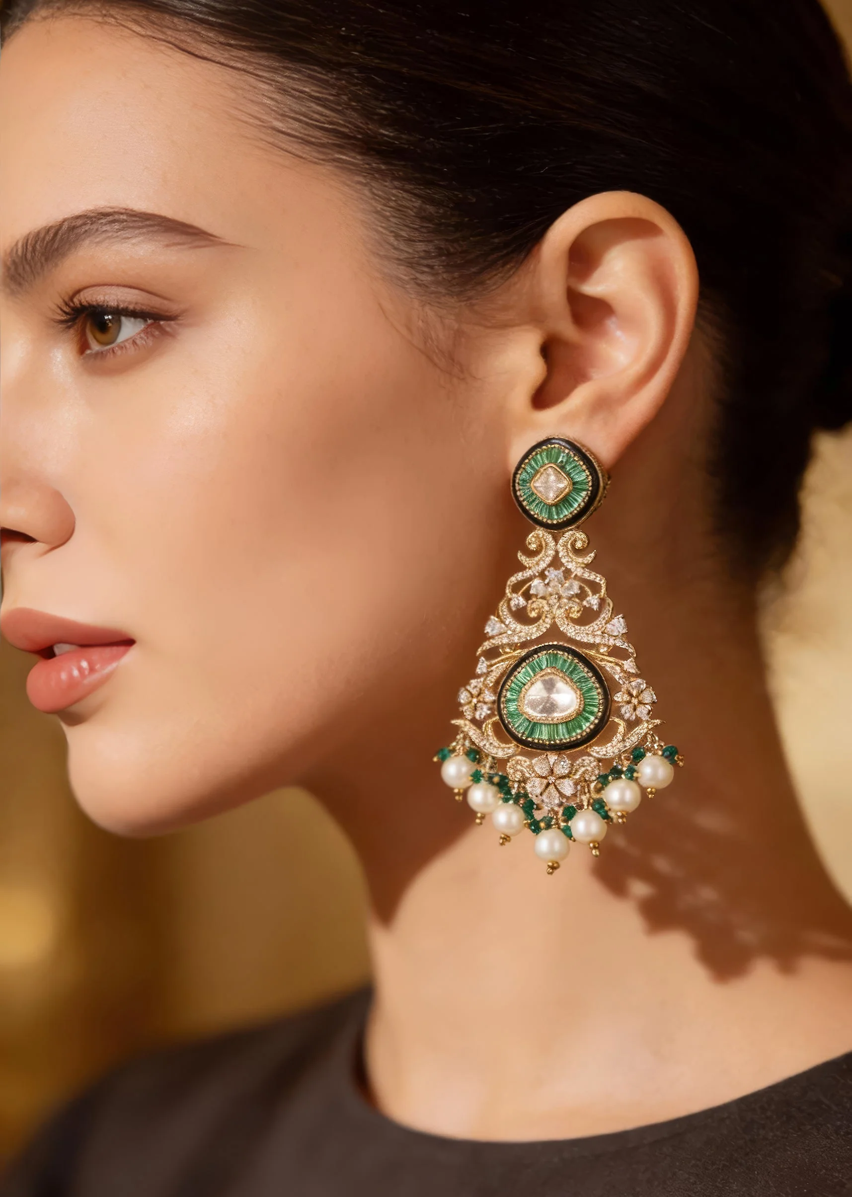 8511-gold-finish-chandelier-earrings-in-polki-with-simulated-pearls-and-green-beaded-accents-1.webp Gold Finish Chandelier Earrings In Polki With Simulated Pearls and Green Beaded Accents