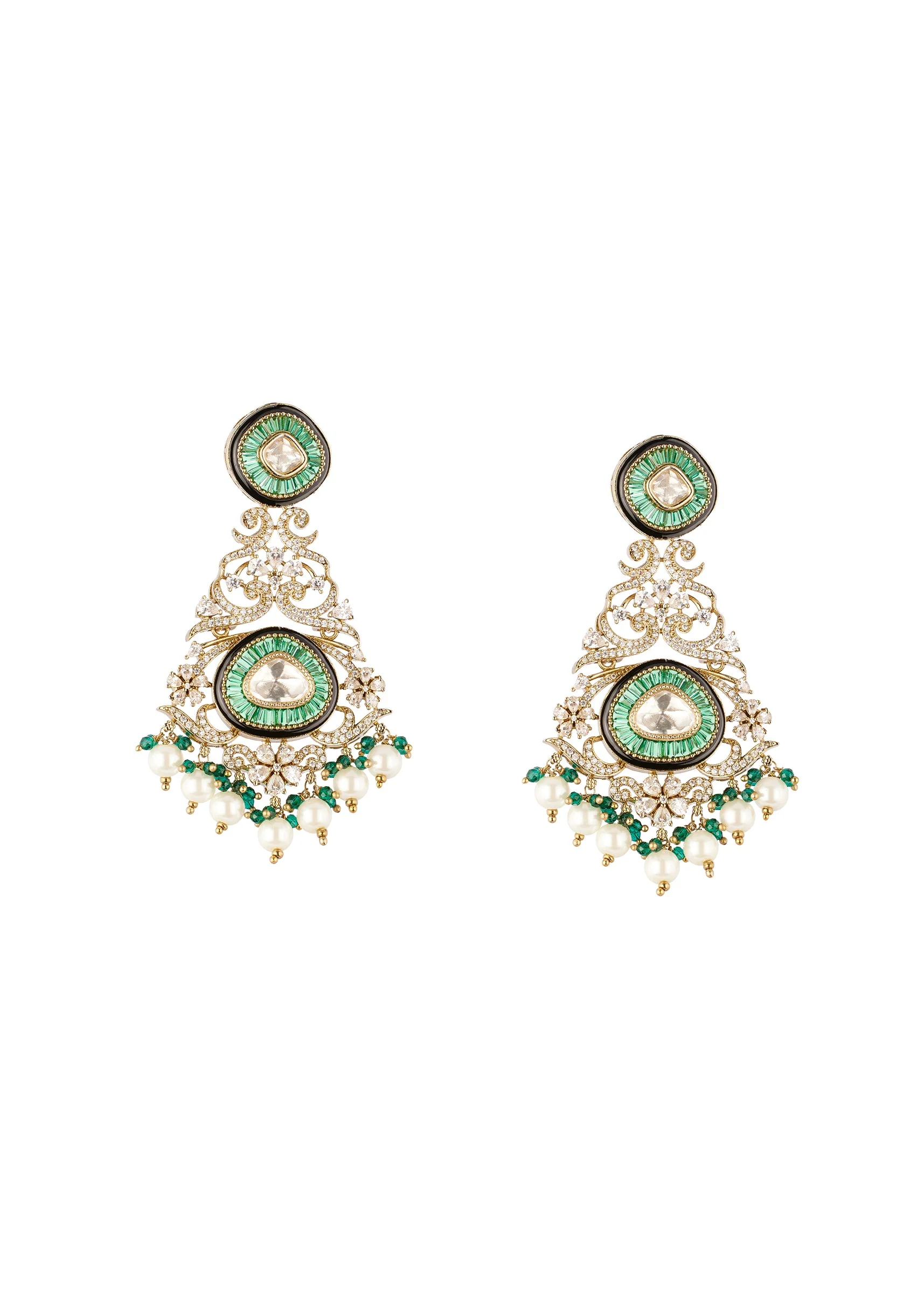 8511-gold-finish-chandelier-earrings-in-polki-with-simulated-pearls-and-green-beaded-accents-2.webp Gold Finish Chandelier Earrings In Polki With Simulated Pearls and Green Beaded Accents